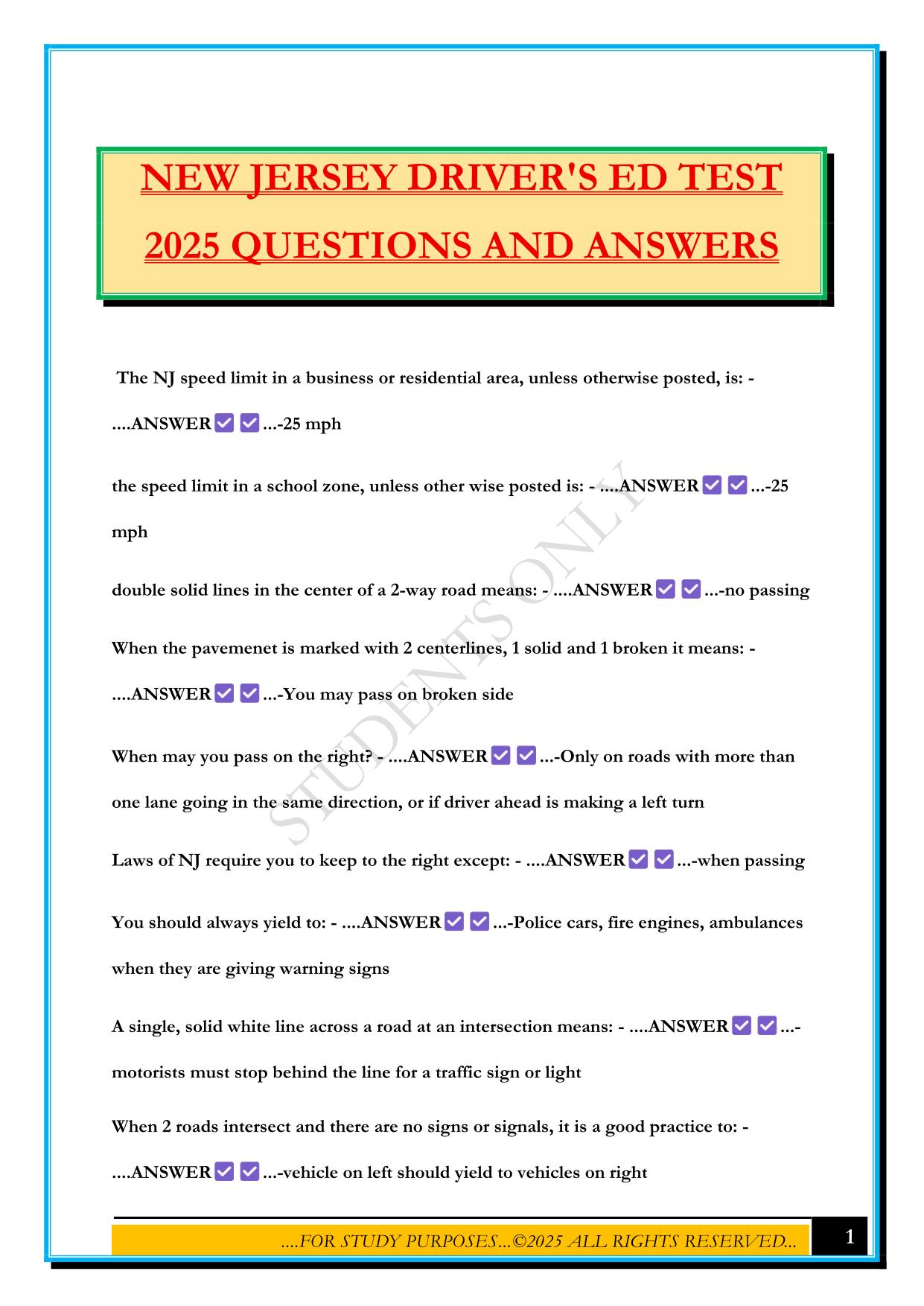 NEW JERSEY DRIVER'S ED TEST 2025 QUESTIONS AND ANSWERS