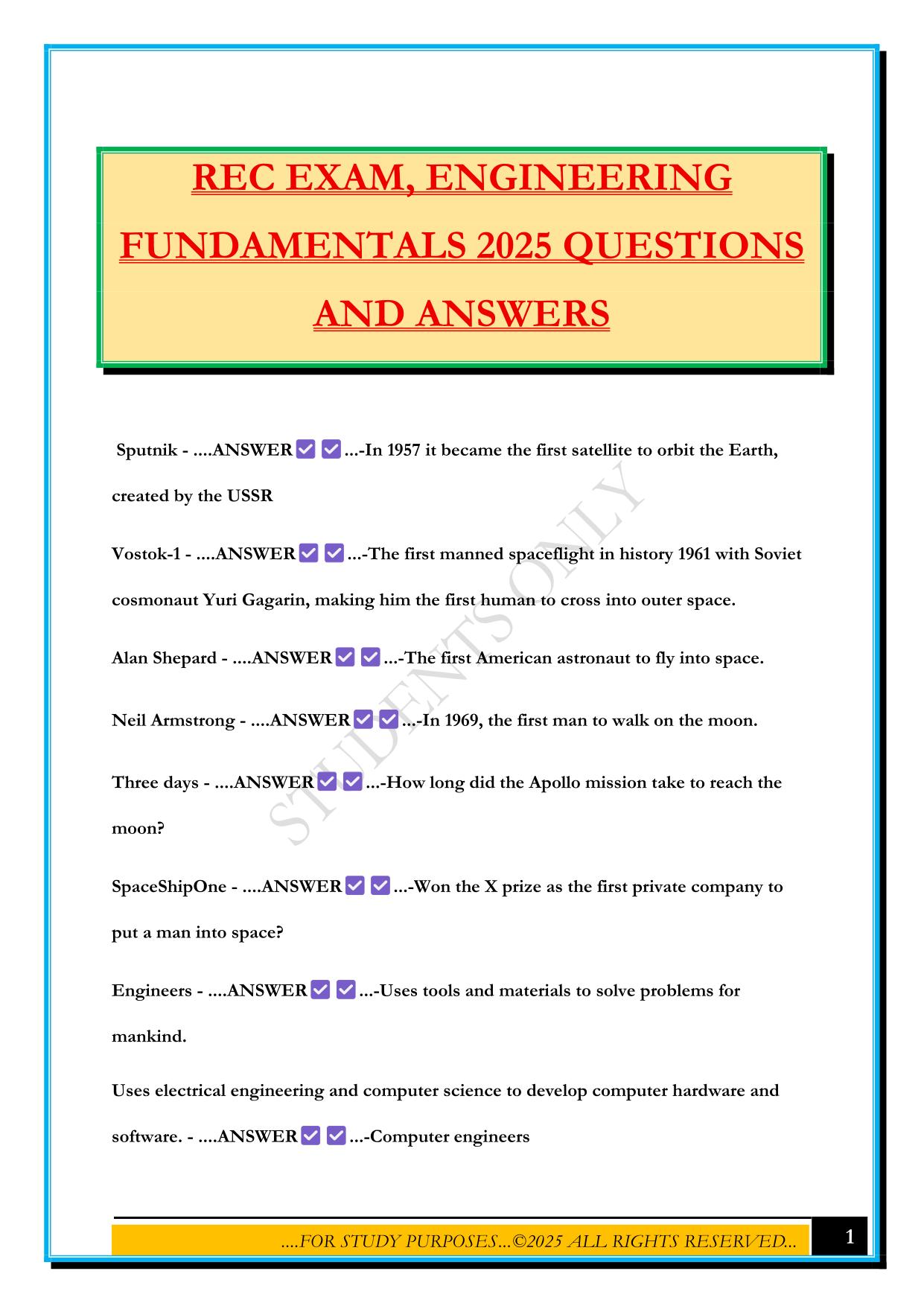 REC EXAM, ENGINEERING FUNDAMENTALS 2025 QUESTIONS AND ANSWERS