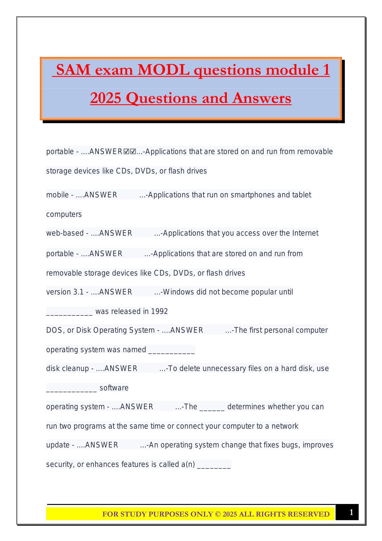 SAM exam MODL questions module 1 2025 Questions and Answers