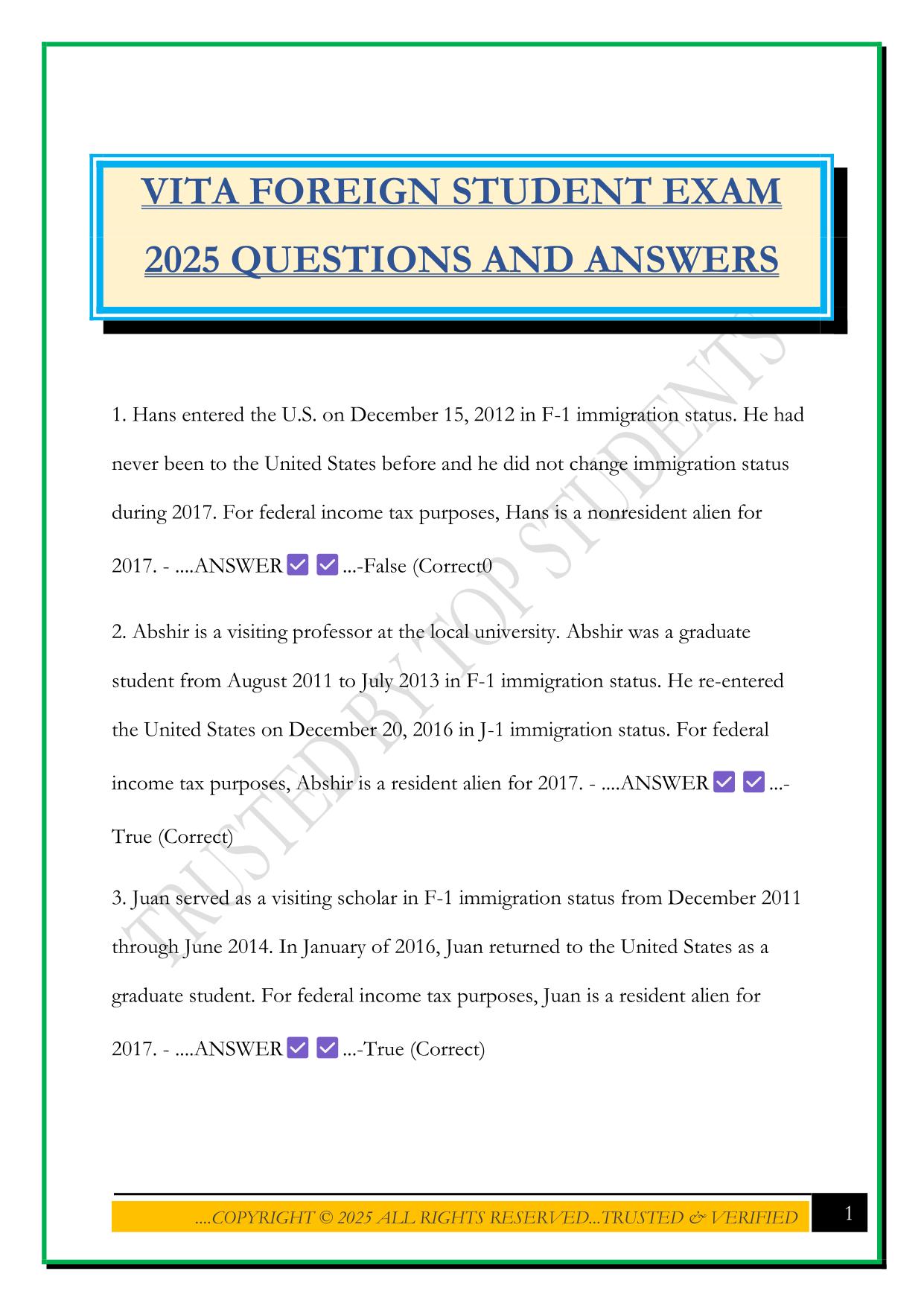 VITA FOREIGN STUDENT EXAM 2025 QUESTIONS AND ANSWERS