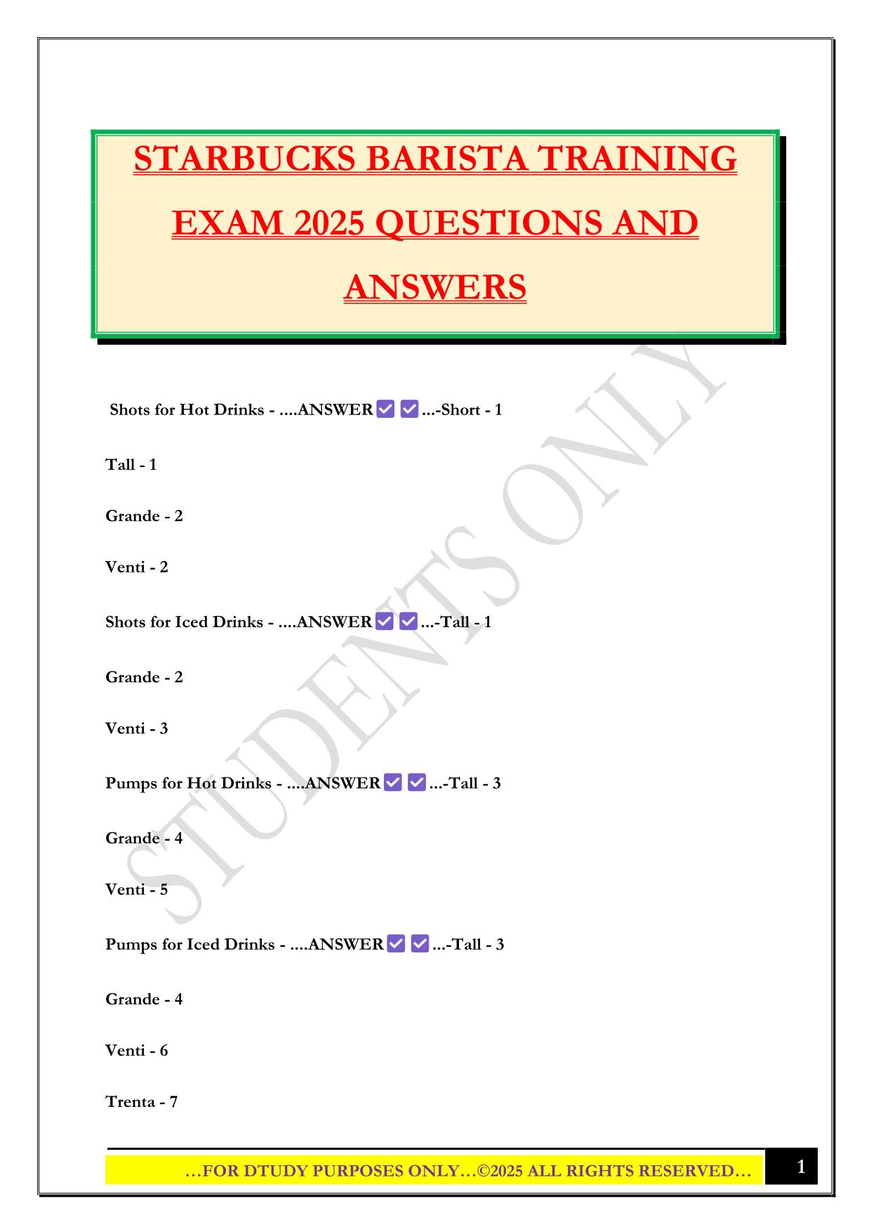STARBUCKS BARISTA TRAINING EXAM 2025 QUESTIONS AND ANSWERS