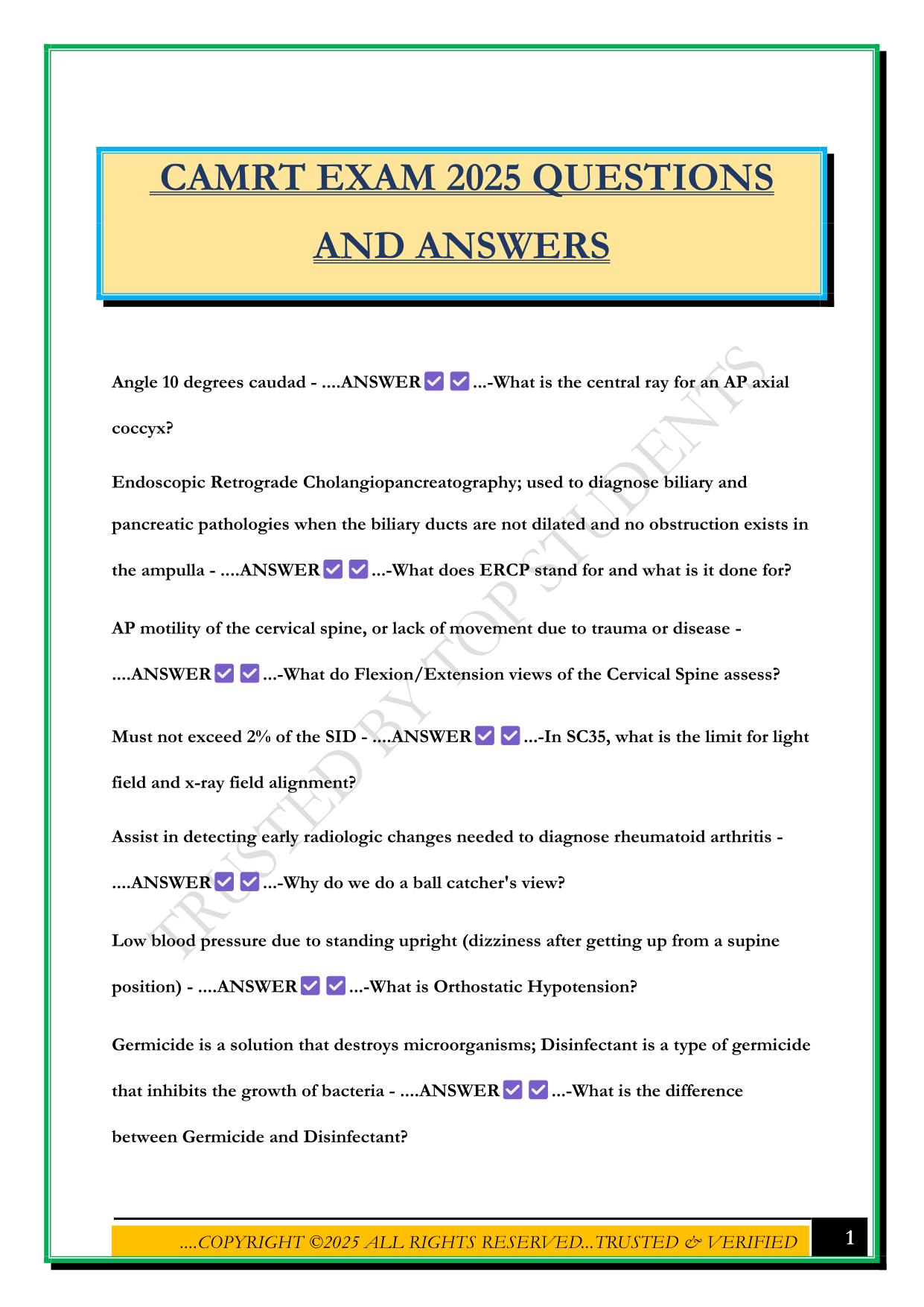 CAMRT EXAM 2025 QUESTIONS AND ANSWERS