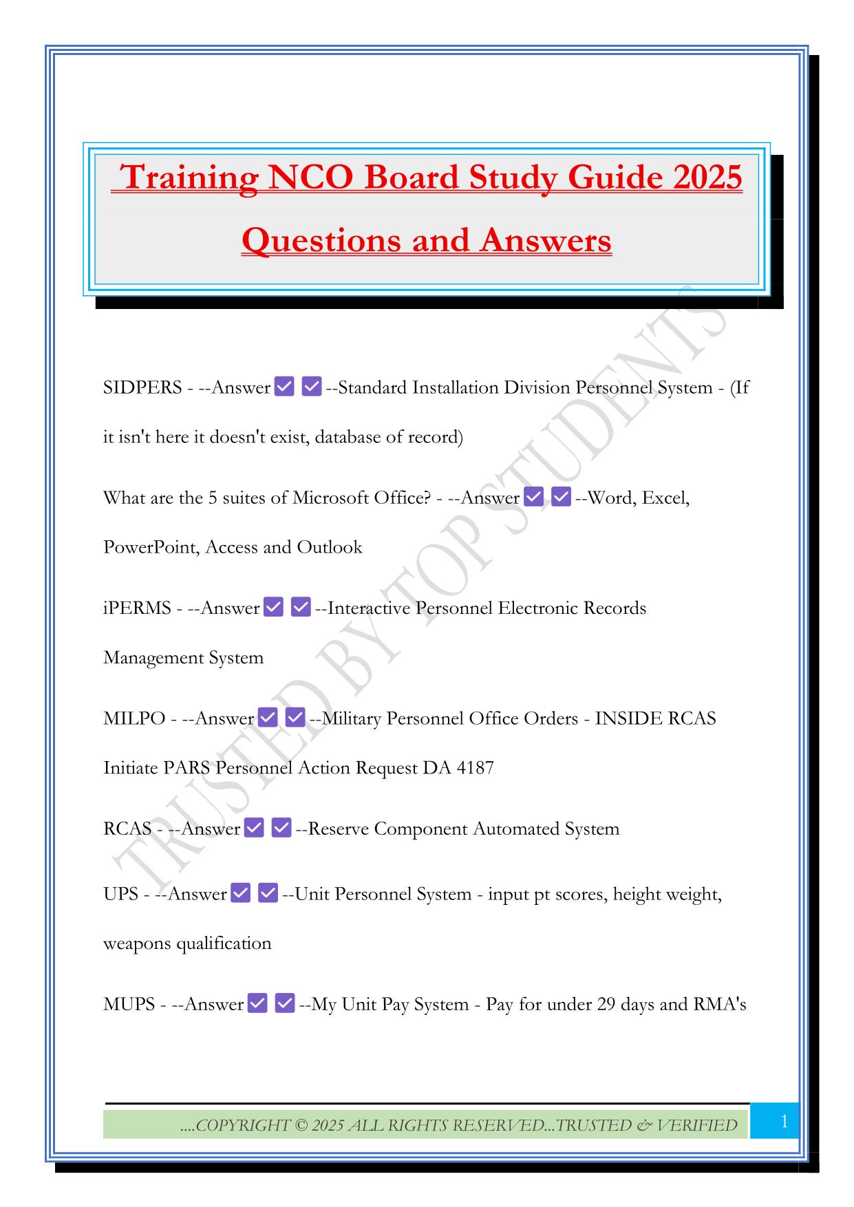 Training NCO Board Study Guide 2025 Questions and Answers