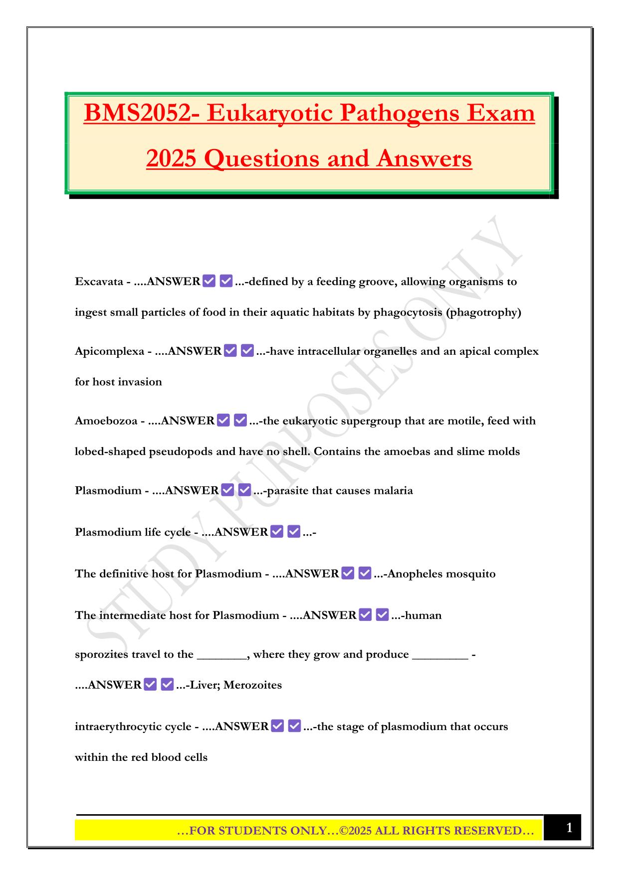 BMS2052- Eukaryotic Pathogens Exam 2025 Questions and Answers