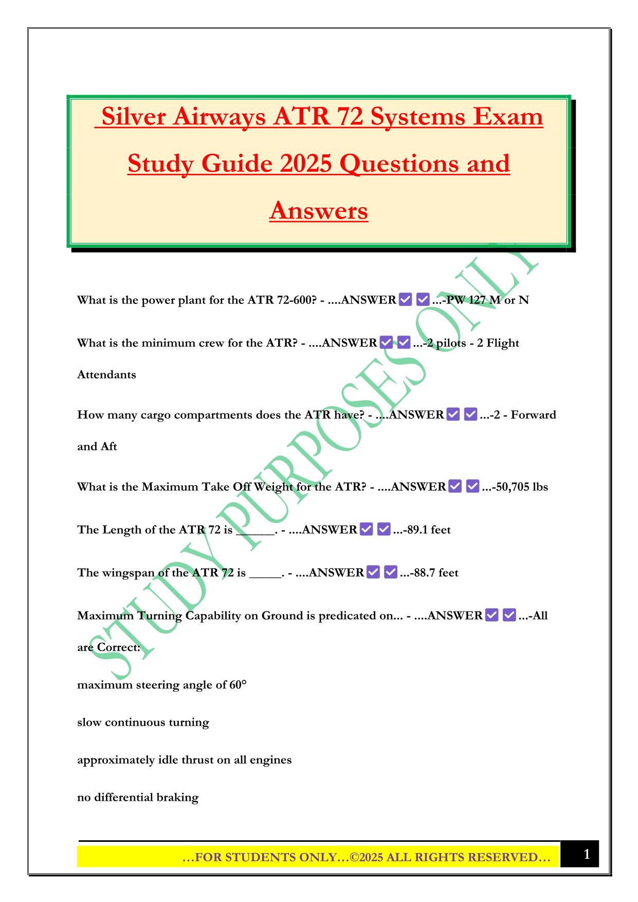 Silver Airways ATR 72 Systems Exam Study Guide 2025 Questions and Answers