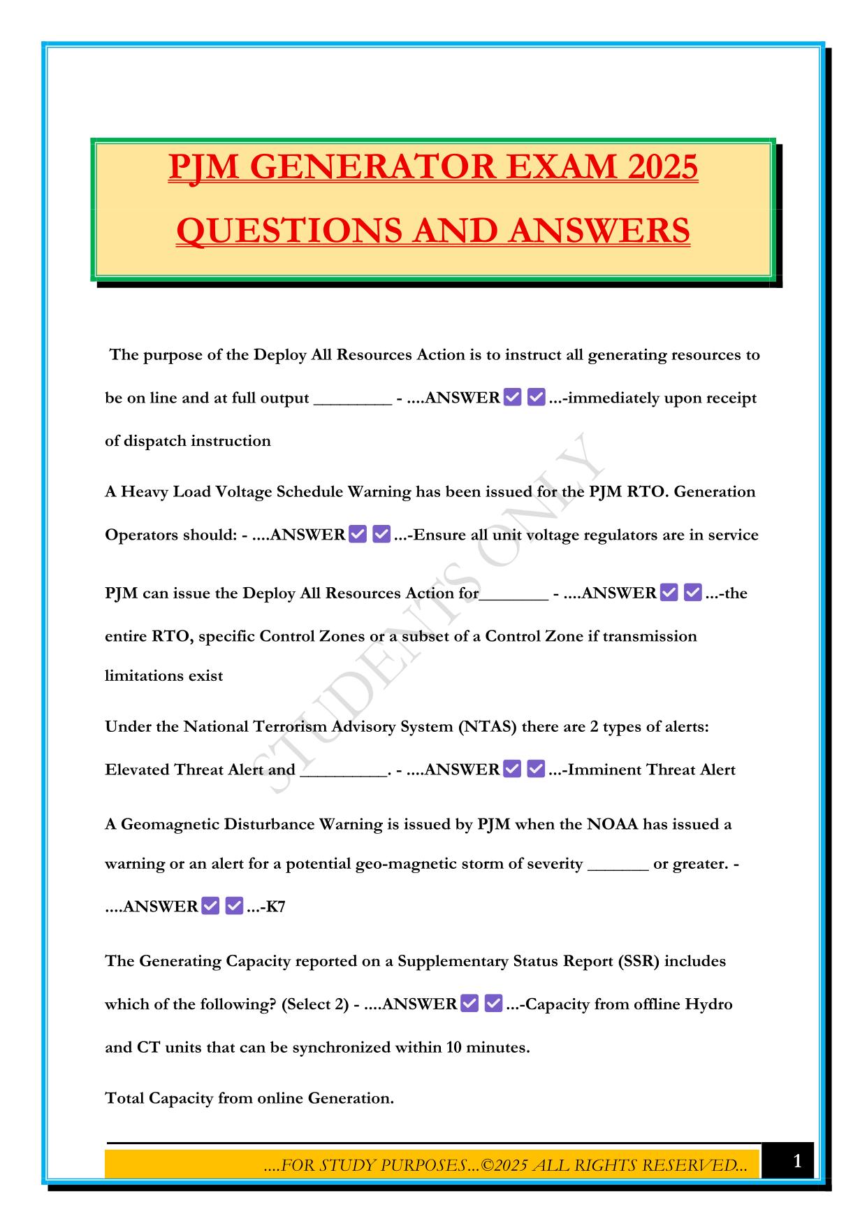 PJM GENERATOR EXAM 2025 QUESTIONS AND ANSWERS