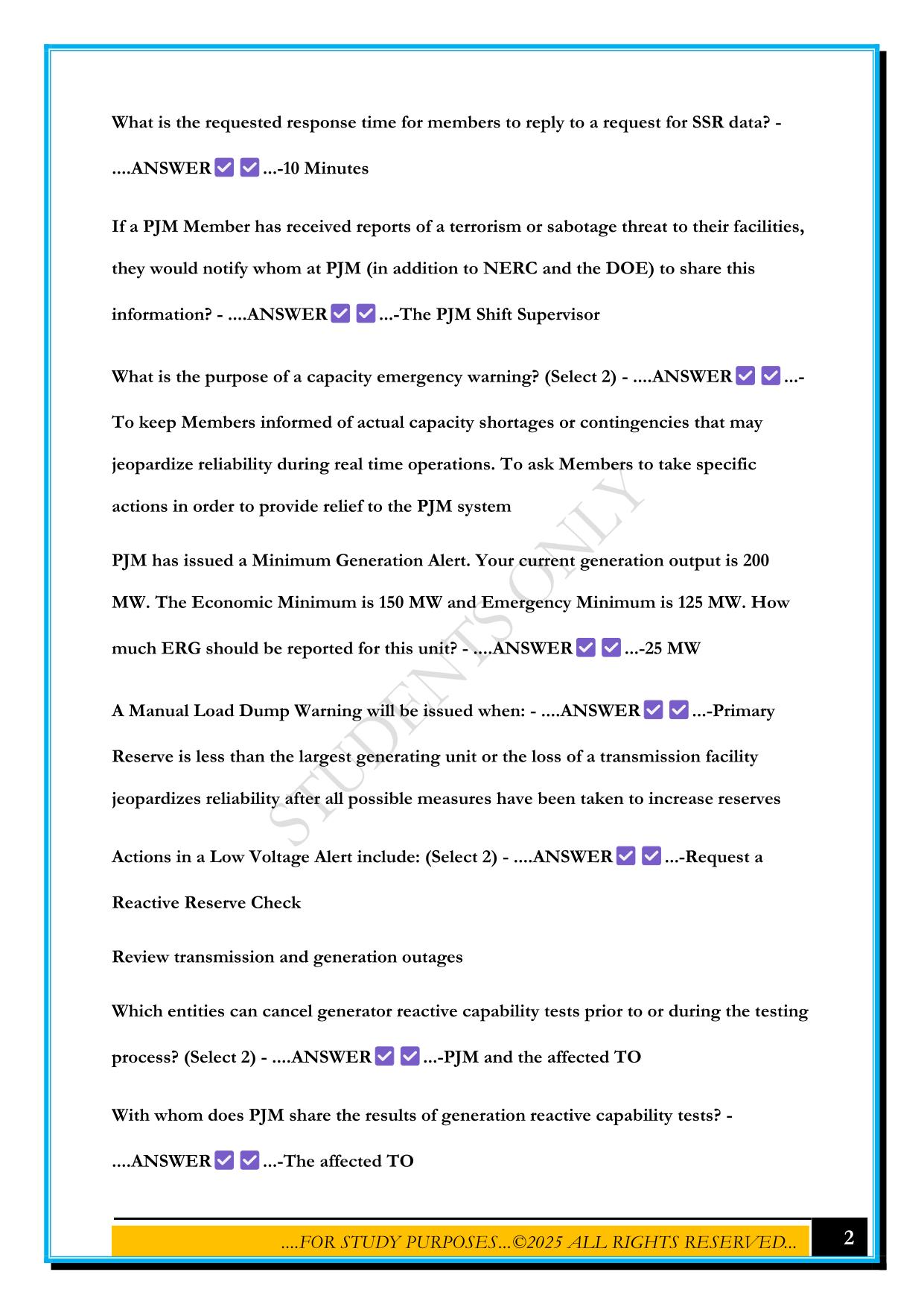 PJM GENERATOR EXAM 2025 QUESTIONS AND ANSWERS