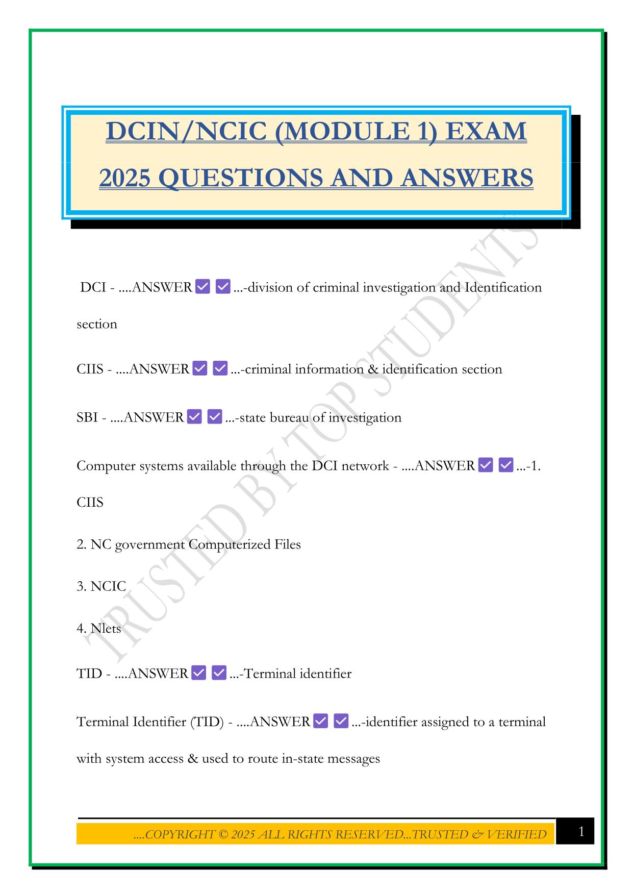 DCIN/NCIC (MODULE 1) EXAM 2025 QUESTIONS AND ANSWERS