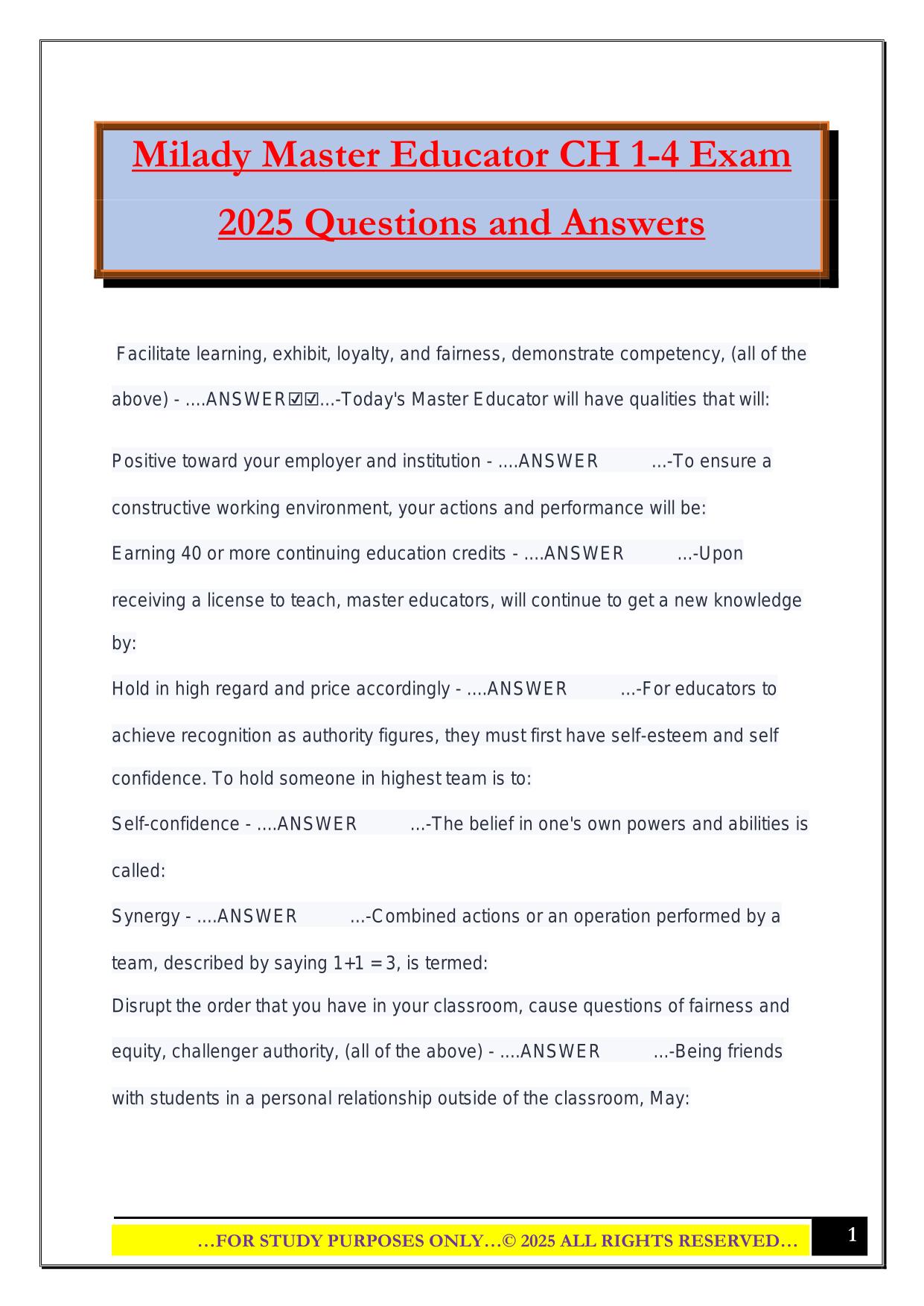 Milady Master Educator CH 1-4 Exam 2025 Questions and Answers