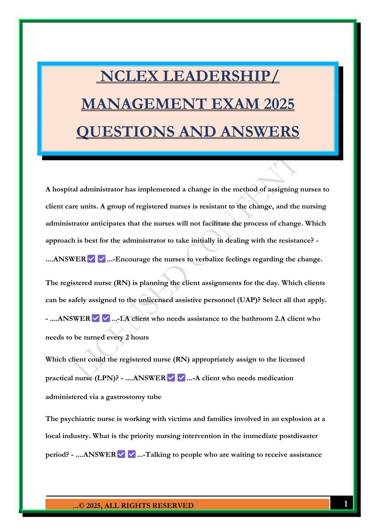 NCLEX LEADERSHIP/ MANAGEMENT EXAM 2025 QUESTIONS AND ANSWERS
