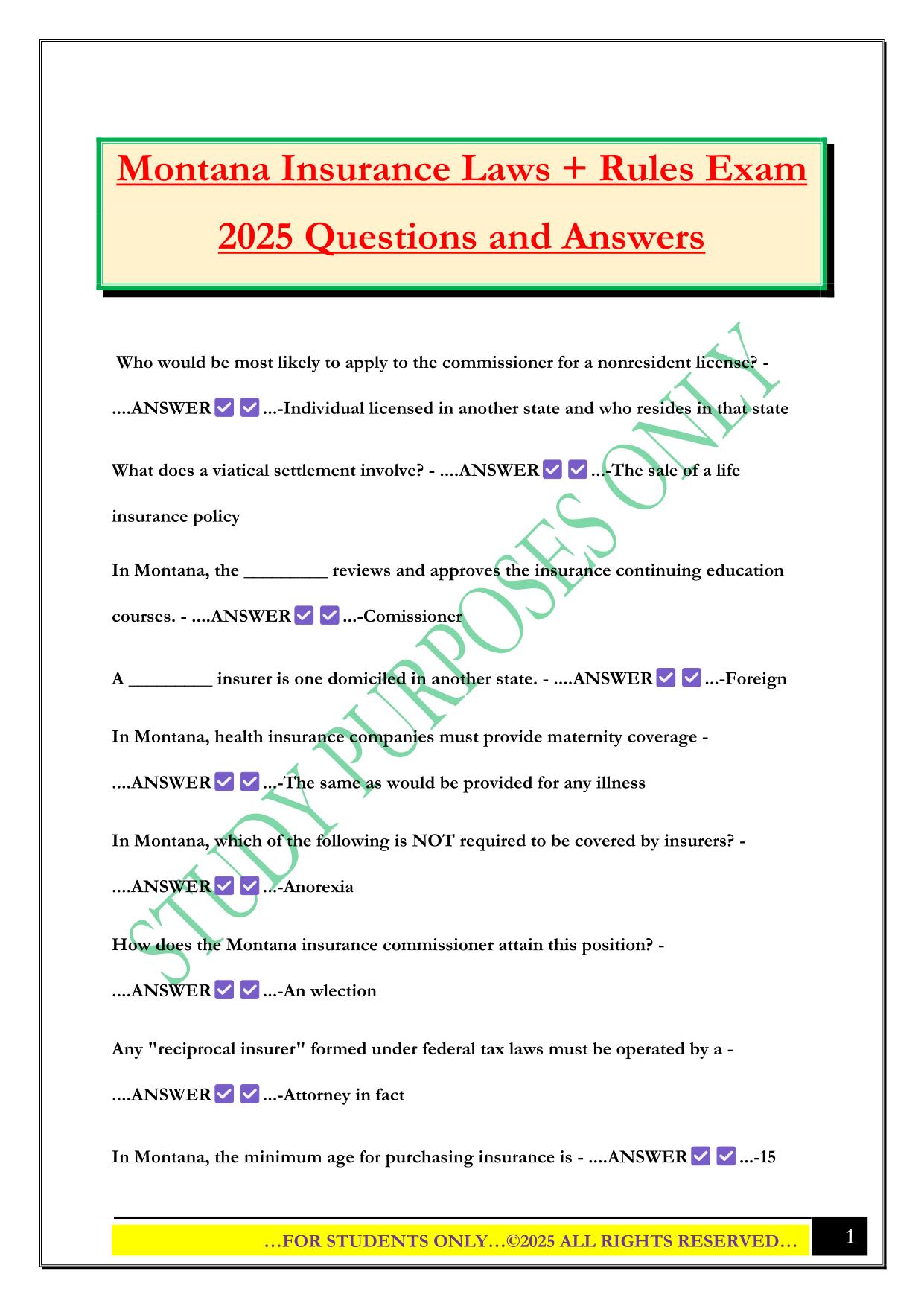 Montana Insurance Laws + Rules Exam 2025 Questions and Answers