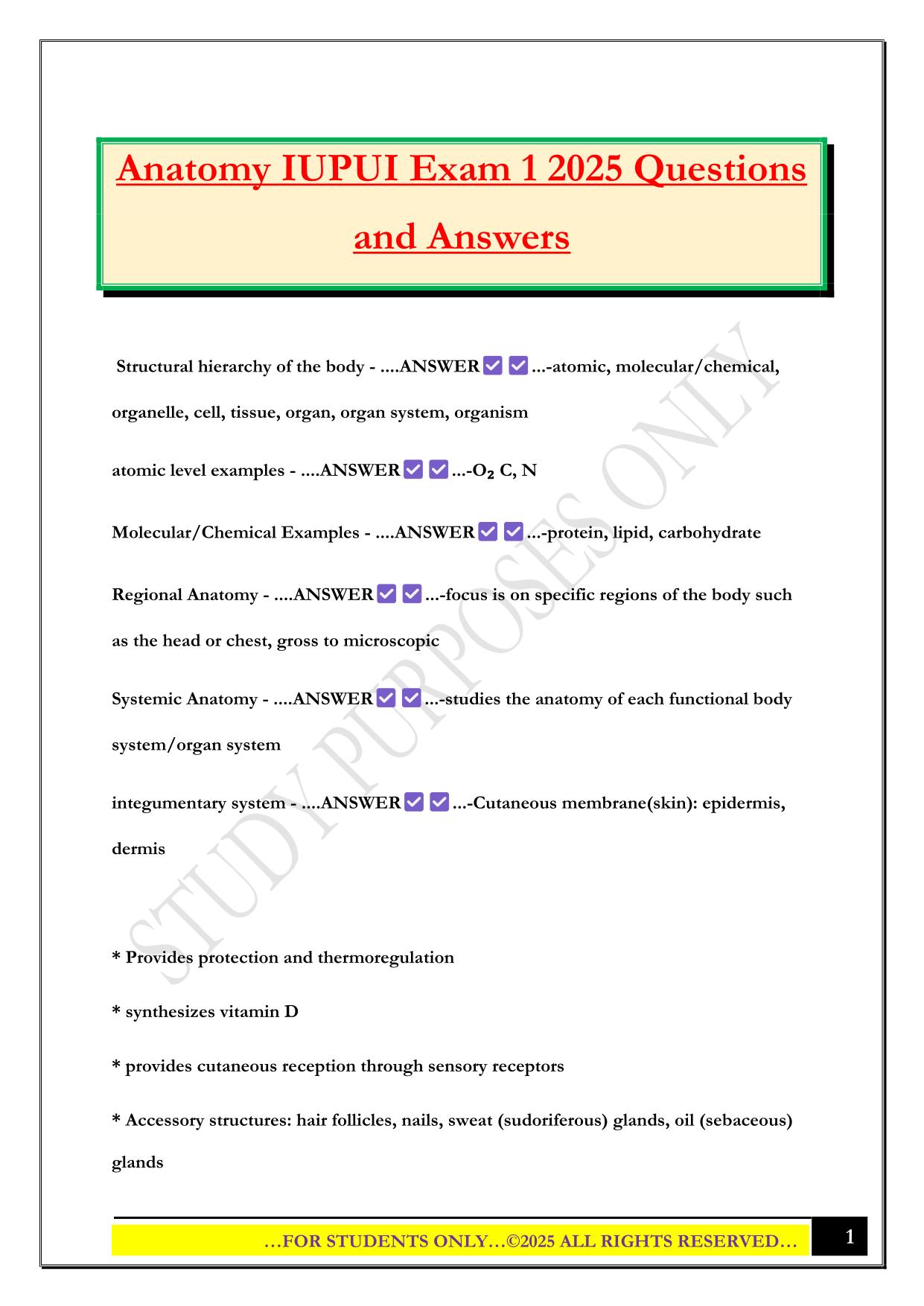 Anatomy IUPUI Exam 1 2025 Questions and Answers