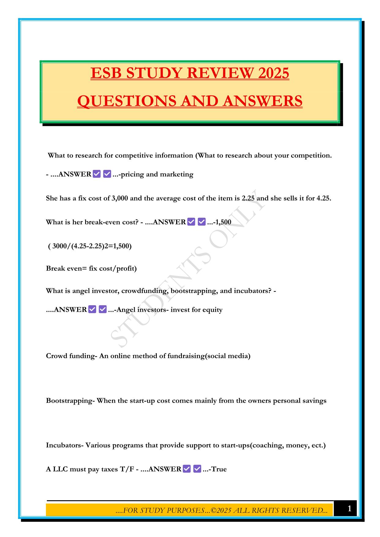 ESB STUDY REVIEW 2025 QUESTIONS AND ANSWERS