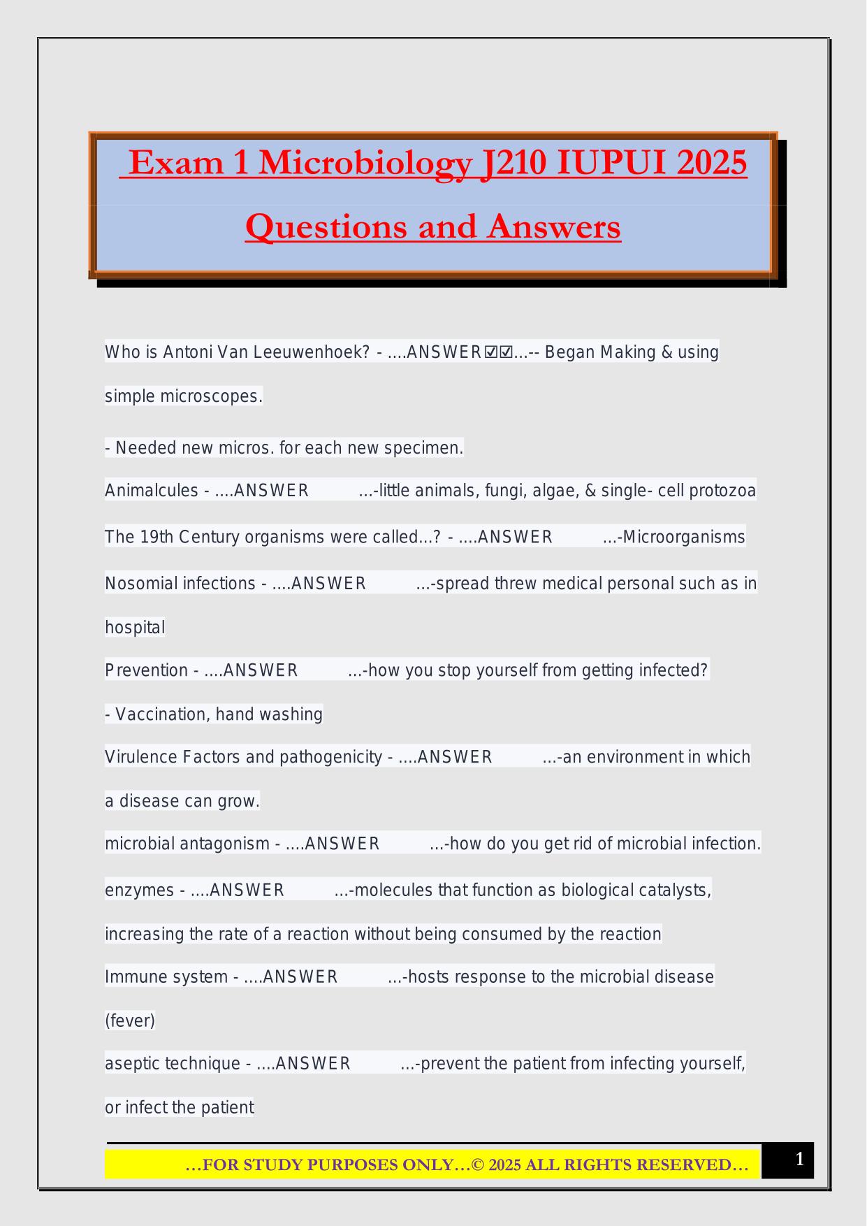 Exam 1 Microbiology J210 IUPUI 2025 Questions and Answers