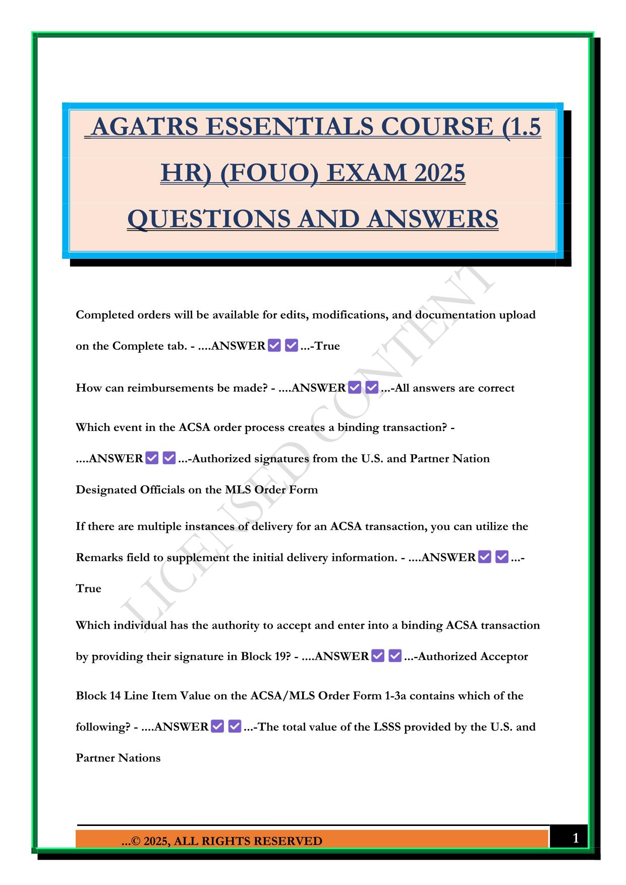AGATRS ESSENTIALS COURSE (1.5 HR) (FOUO) EXAM 2025 QUESTIONS AND ANSWERS