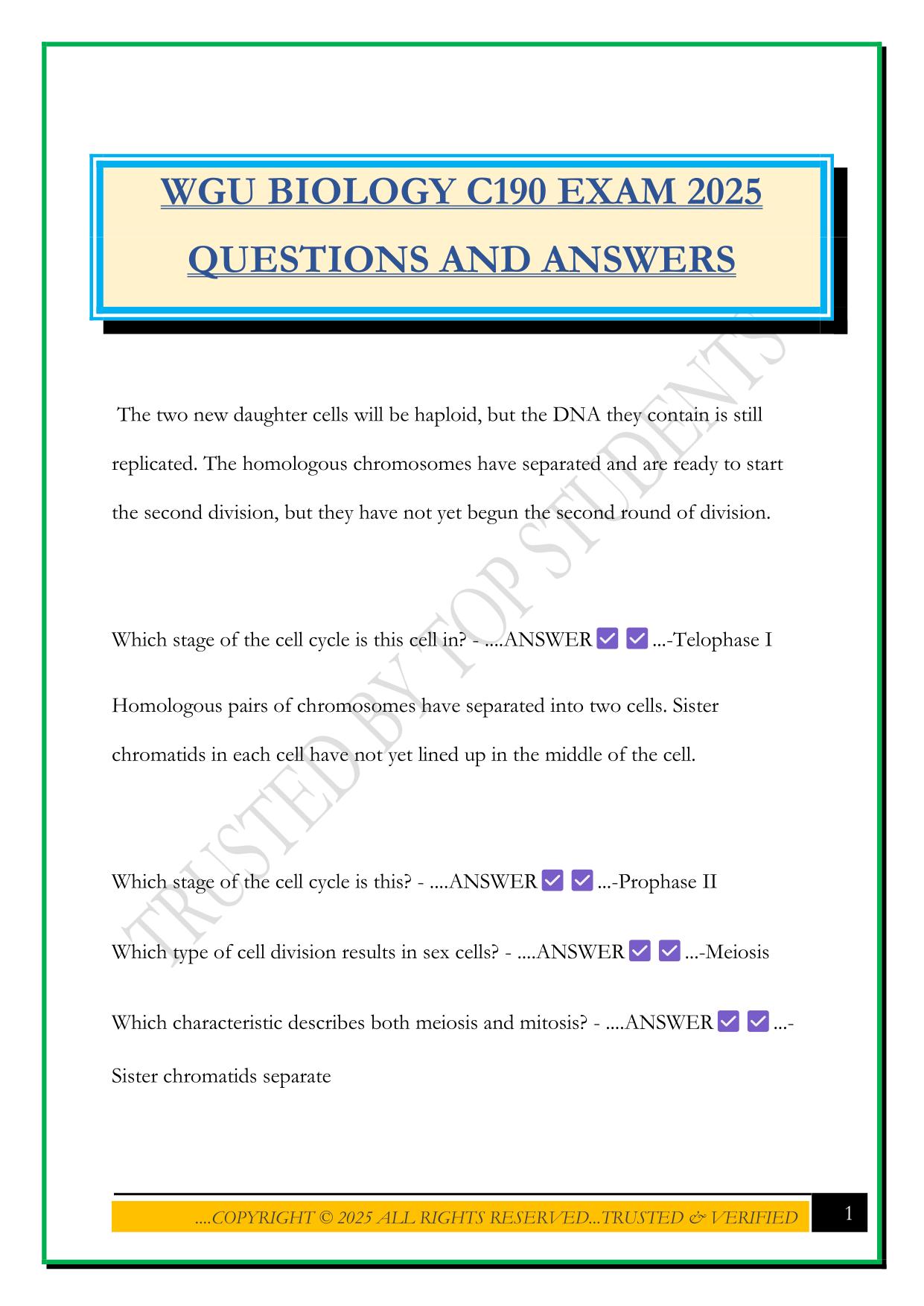 WGU BIOLOGY C190 EXAM 2025 QUESTIONS AND ANSWERS