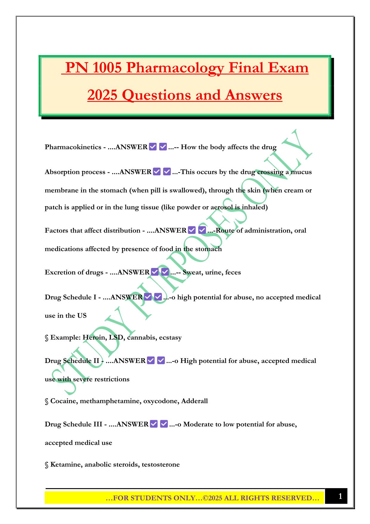 PN 1005 Pharmacology Final Exam 2025 Questions and Answers