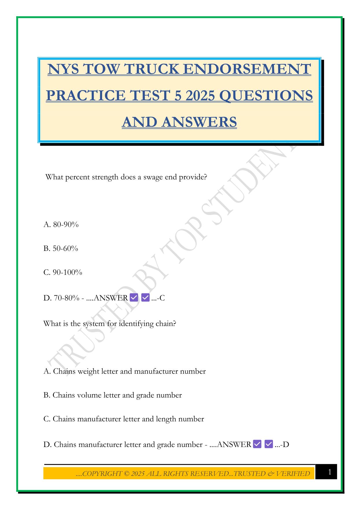 NYS TOW TRUCK ENDORSEMENT PRACTICE TEST 5 2025 QUESTIONS AND ANSWERS