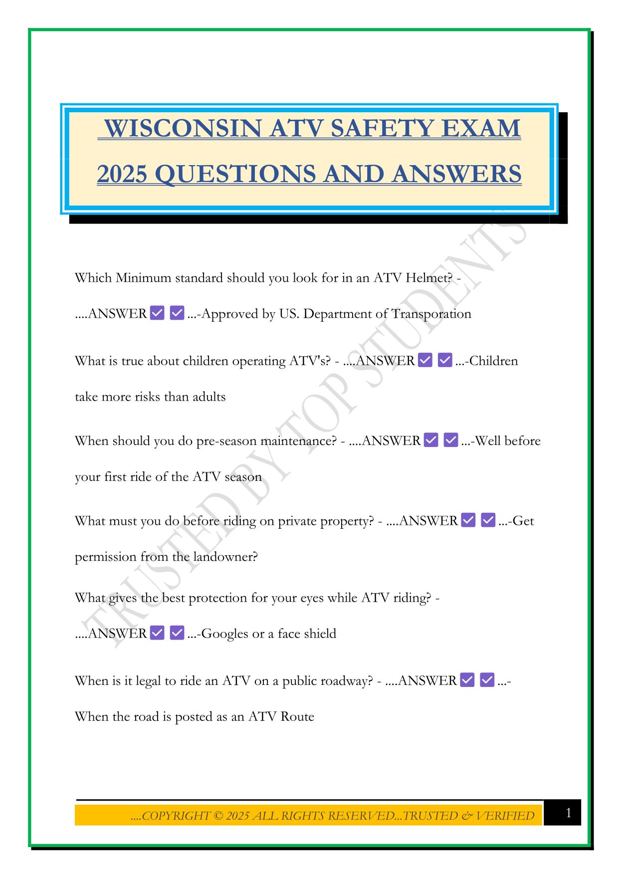 WISCONSIN ATV SAFETY EXAM 2025 QUESTIONS AND ANSWERS