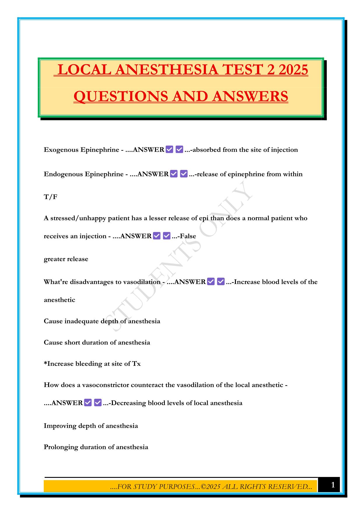 LOCAL ANESTHESIA TEST 2 2025 QUESTIONS AND ANSWERS