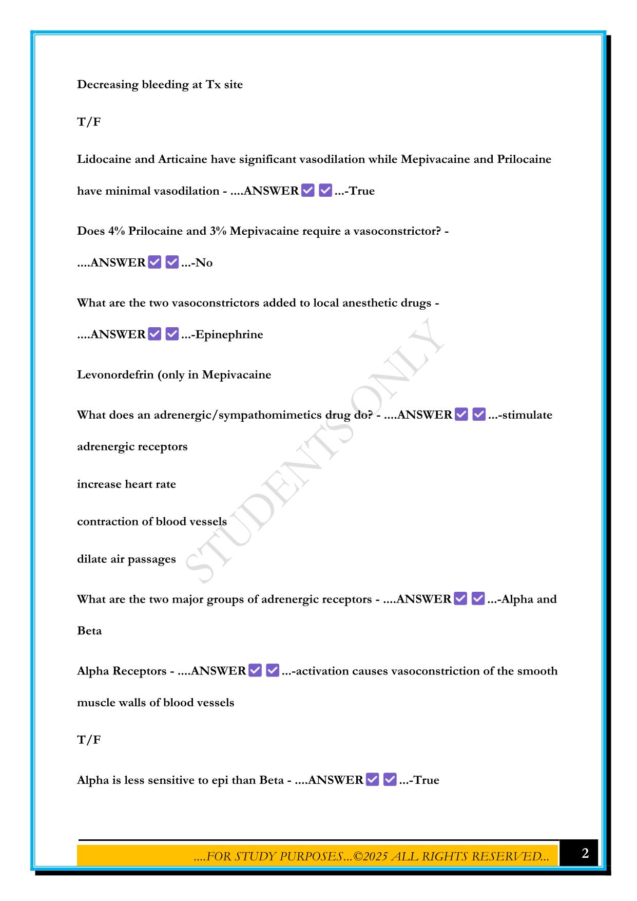 LOCAL ANESTHESIA TEST 2 2025 QUESTIONS AND ANSWERS