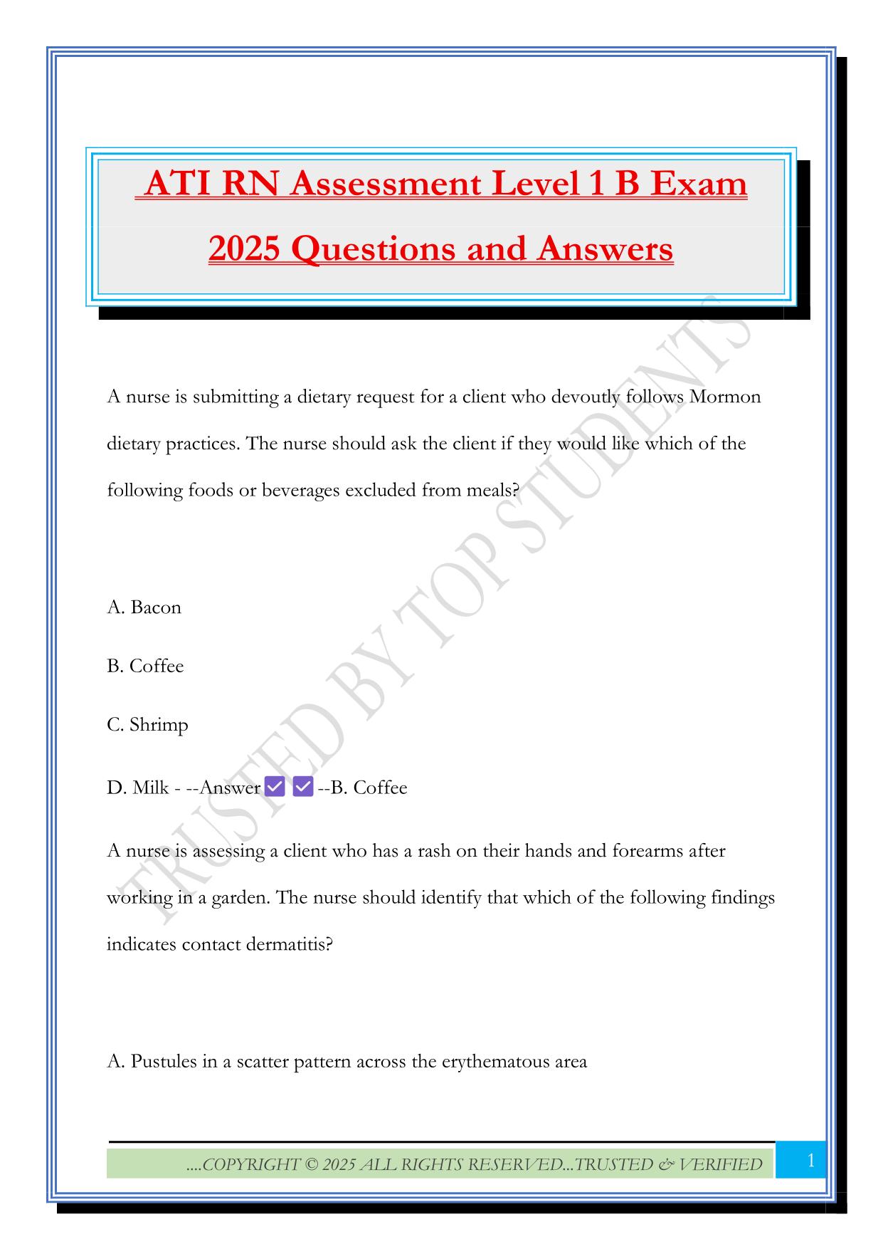 ATI RN Assessment Level 1 B Exam 2025 Questions and Answers