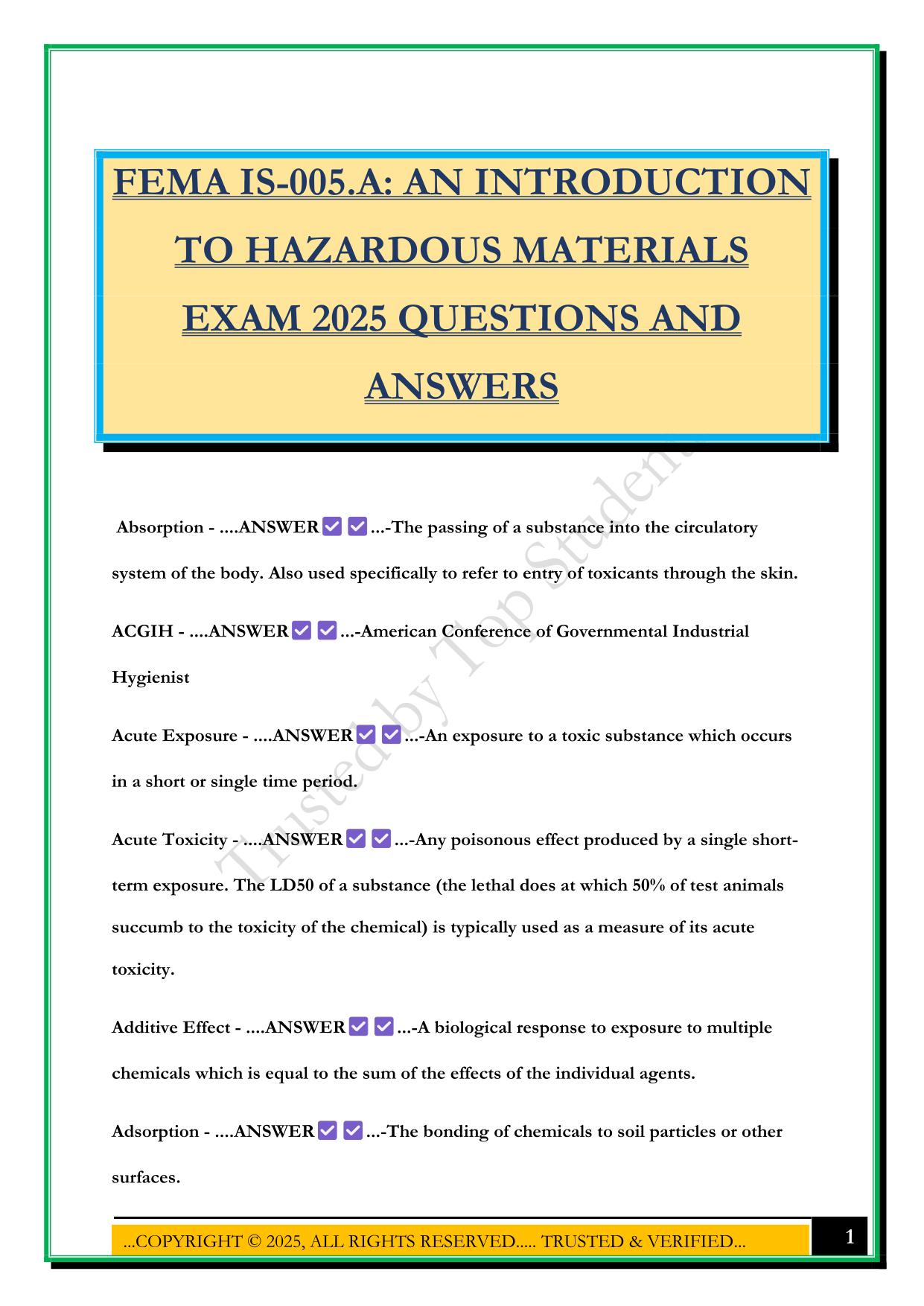 FEMA IS-005.A: AN INTRODUCTION TO HAZARDOUS MATERIALS EXAM 2025 QUESTIONS AND ANSWERS