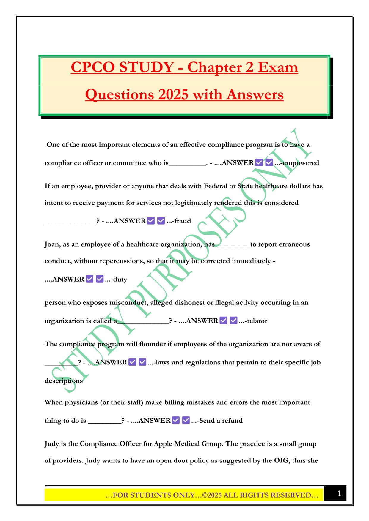 CPCO STUDY - Chapter 2 Exam Questions 2025 with Answers