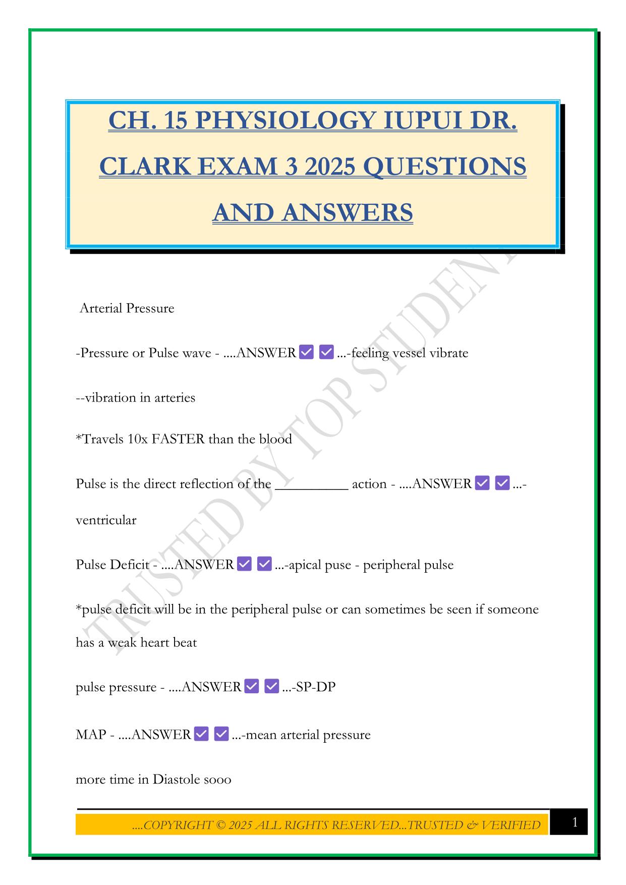 CH. 15 PHYSIOLOGY IUPUI DR. CLARK EXAM 3 2025 QUESTIONS AND ANSWERS