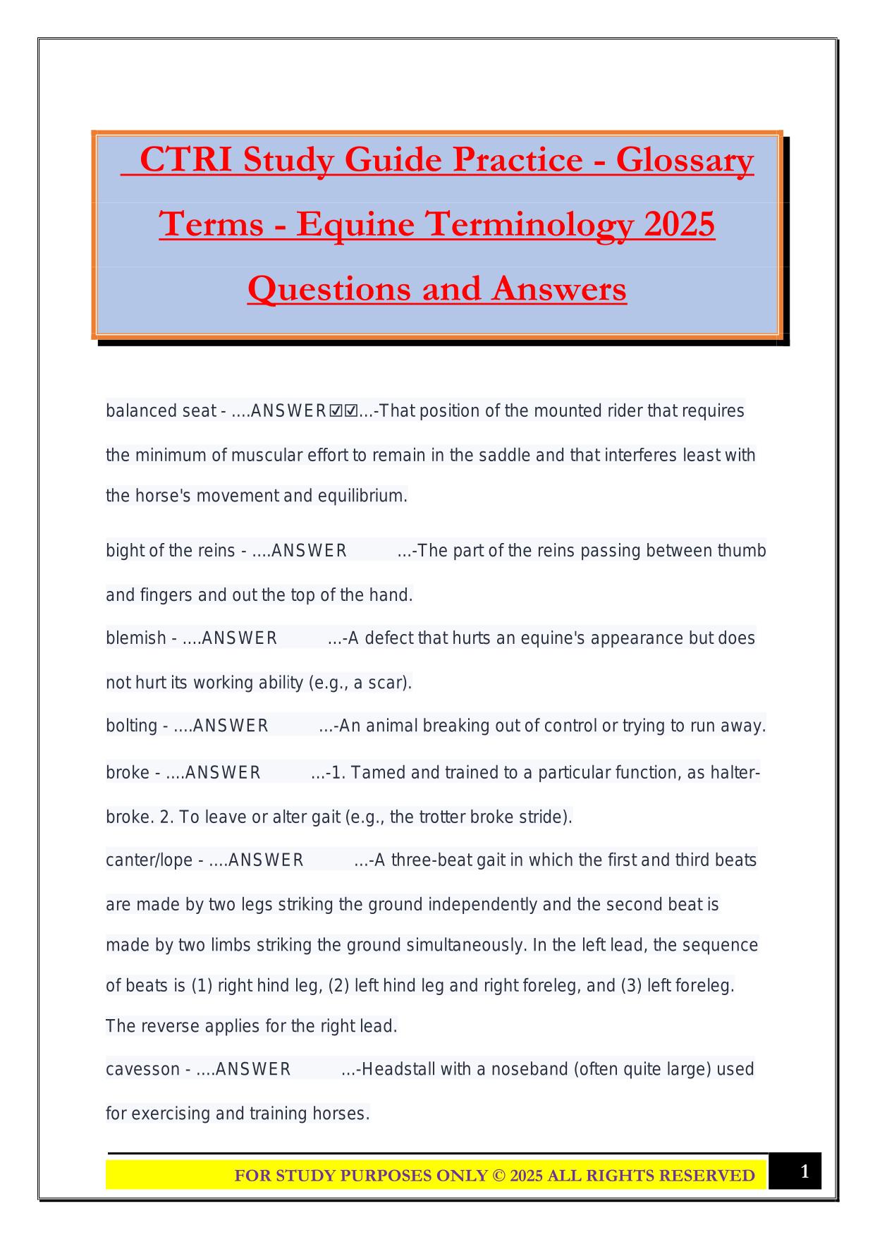 CTRI Study Guide Practice - Glossary Terms - Equine Terminology 2025 Questions and Answers