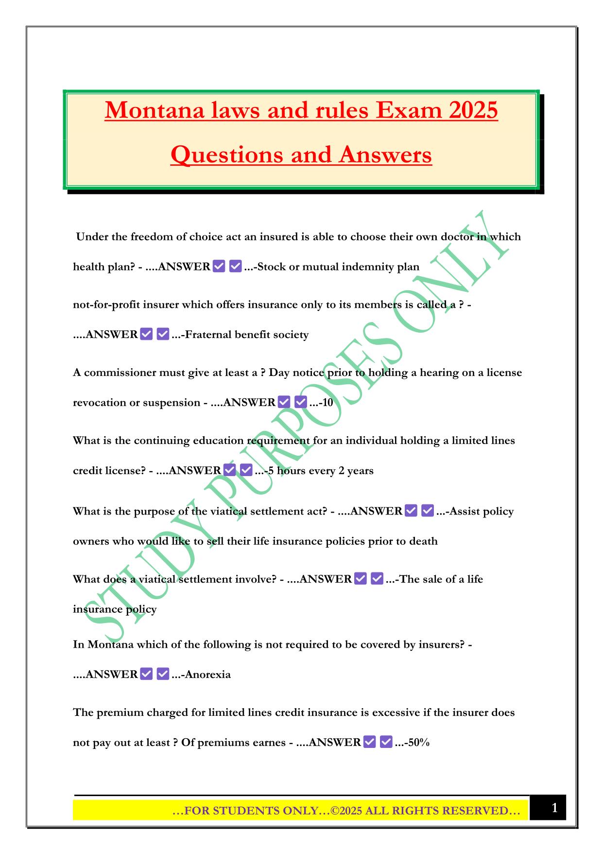 Montana laws and rules Exam 2025 Questions and Answers