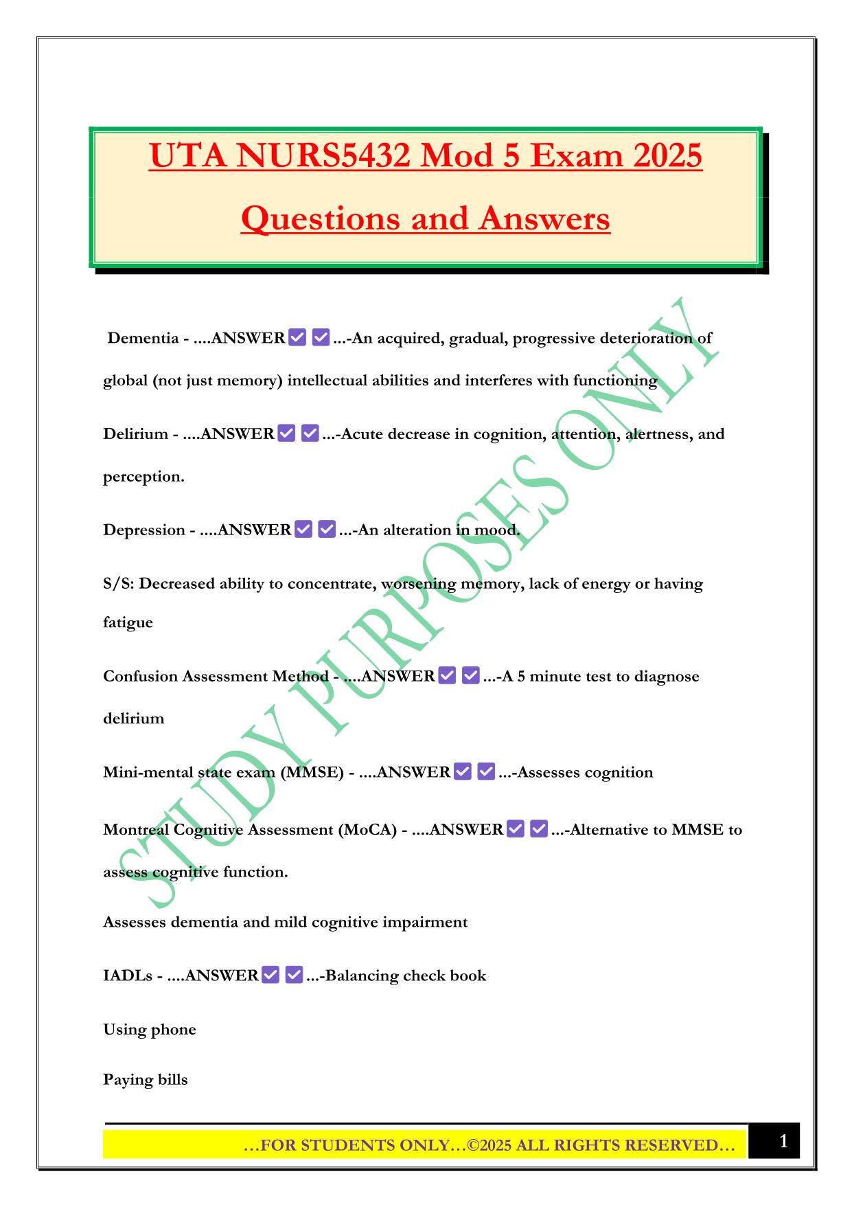 UTA NURS5432 Mod 5 Exam 2025 Questions and Answers