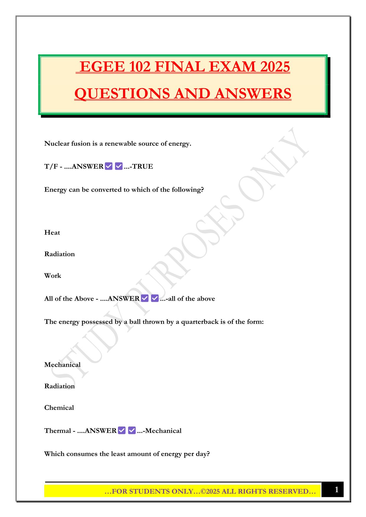 EGEE 102 FINAL EXAM 2025 QUESTIONS AND ANSWERS