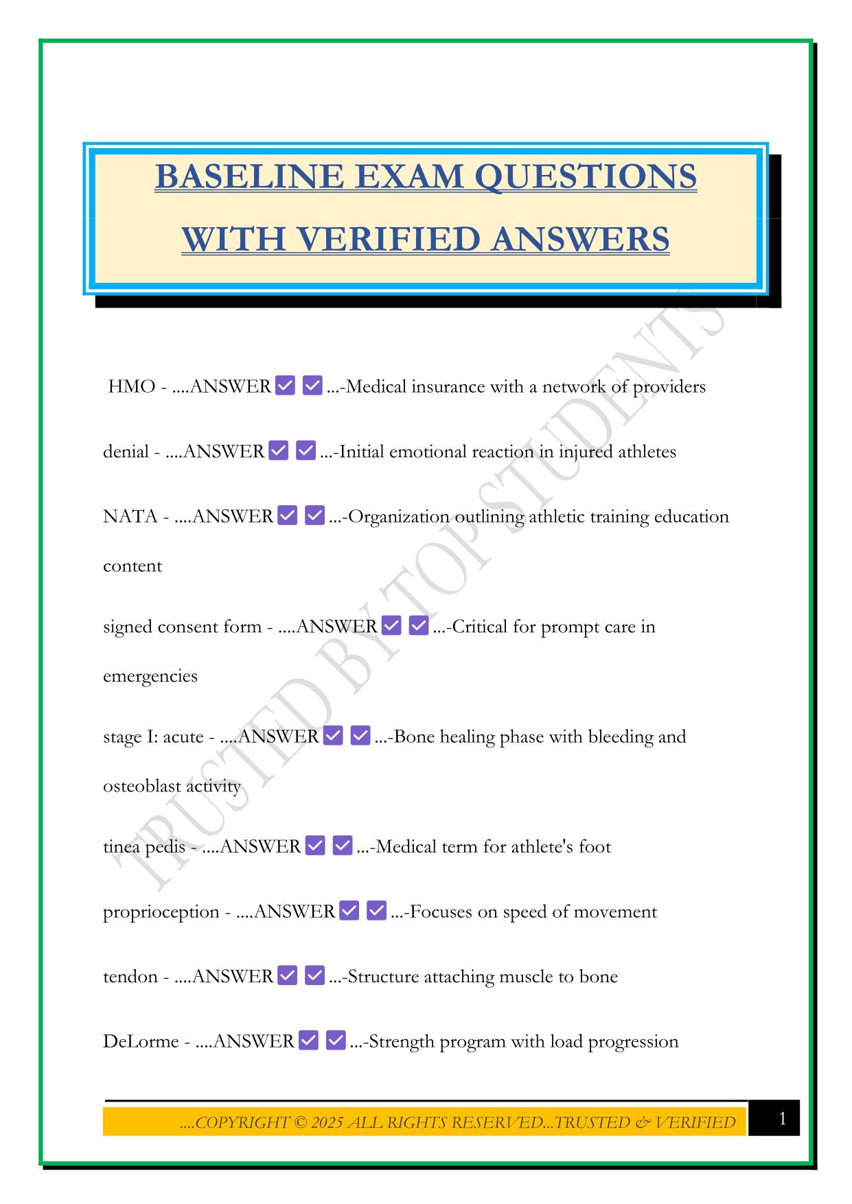 BASELINE EXAM QUESTIONS WITH VERIFIED ANSWERS