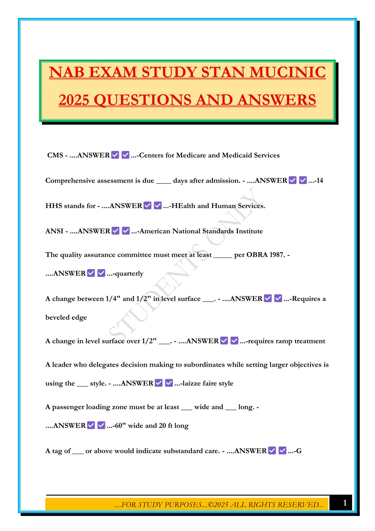 NAB EXAM STUDY STAN MUCINIC 2025 QUESTIONS AND ANSWERS
