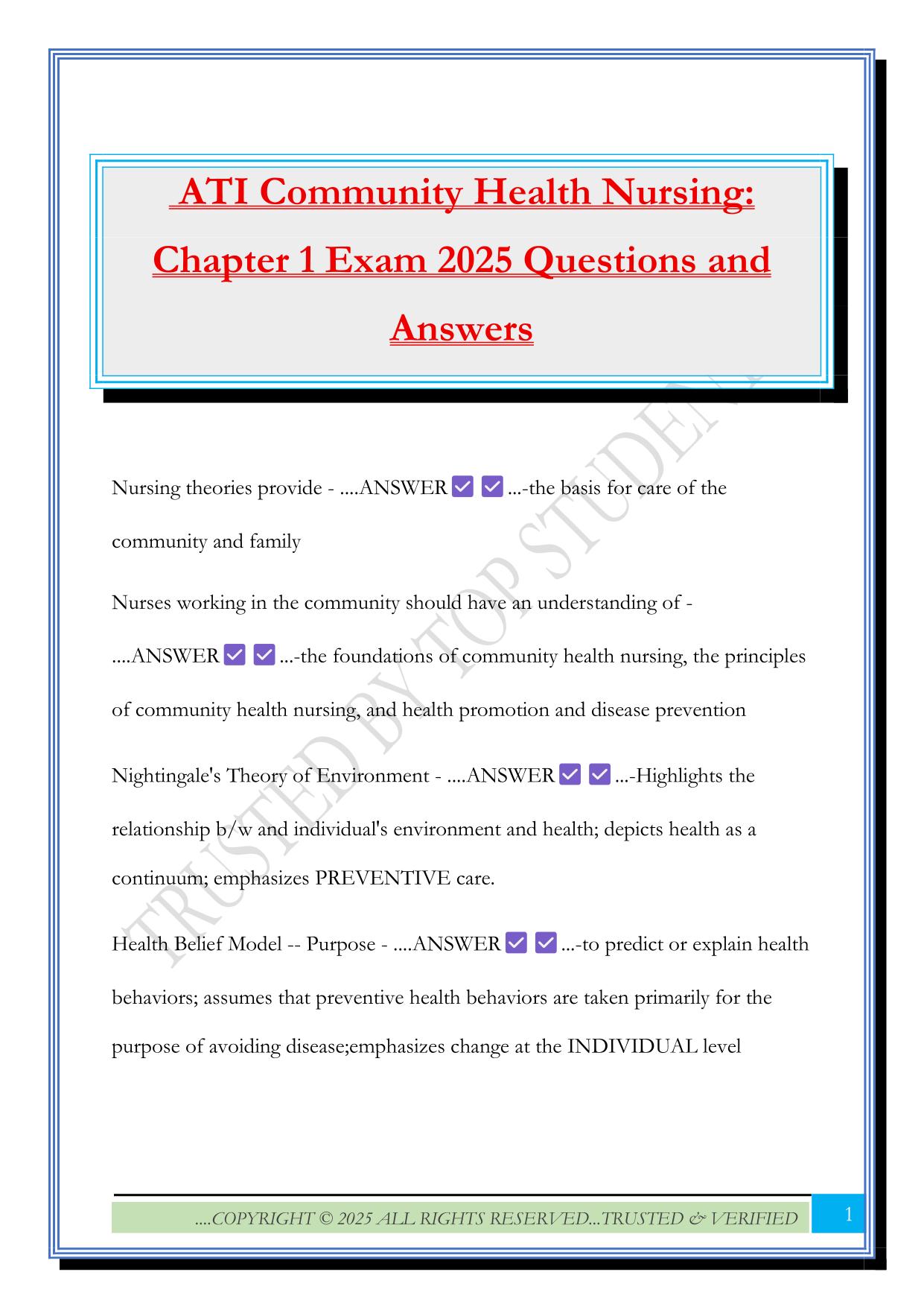 ATI Community Health Nursing: Chapter 1 Exam 2025 Questions and Answers