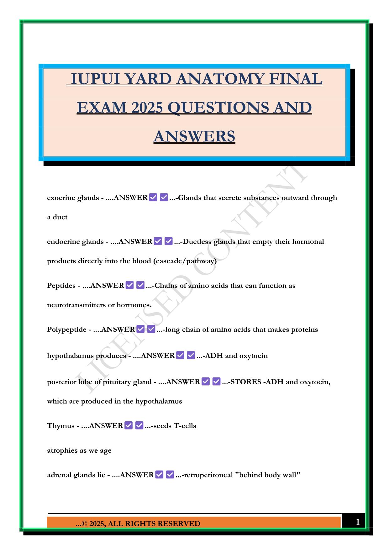 IUPUI YARD ANATOMY FINAL EXAM 2025 QUESTIONS AND ANSWERS