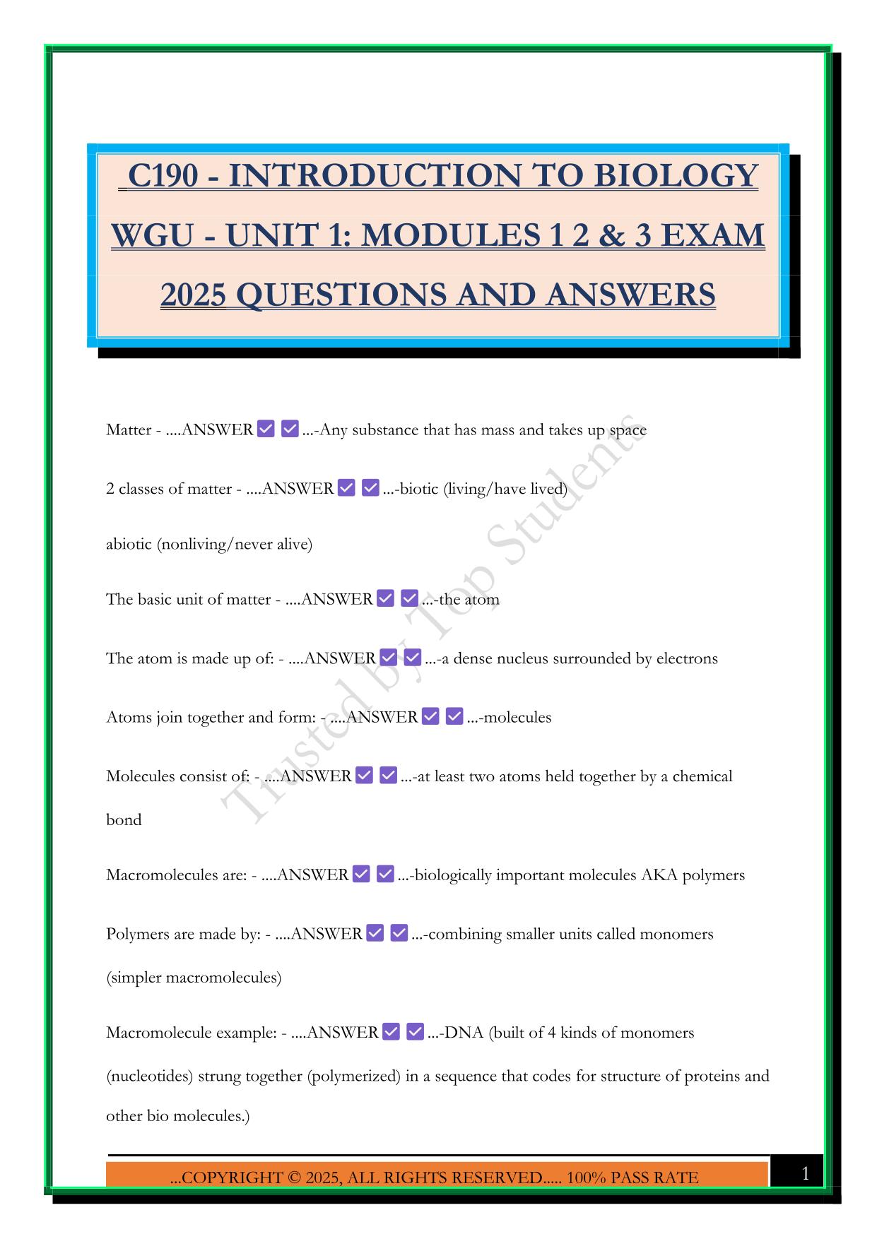 C190 - INTRODUCTION TO BIOLOGY WGU - UNIT 1: MODULES 1 2 & 3 EXAM 2025 QUESTIONS AND ANSWERS