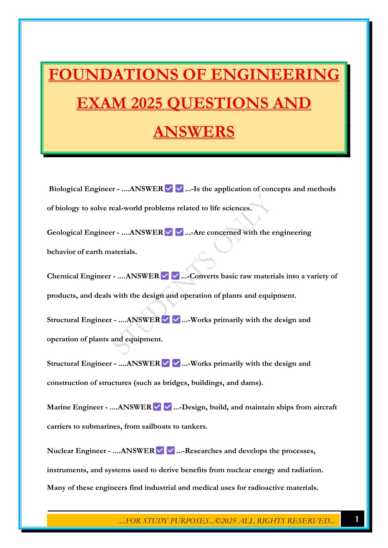 FUNDAMENTALS OF ENGINEERING Bundled Exams 2025/2026 |Questions and Answers |100% Pass