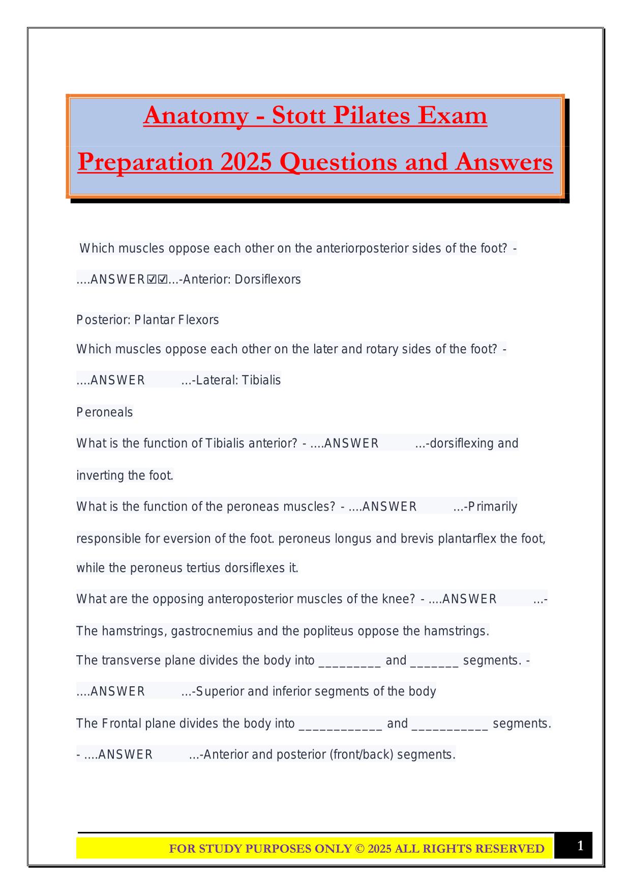 Anatomy - Stott Pilates Exam Preparation 2025 Questions and Answers