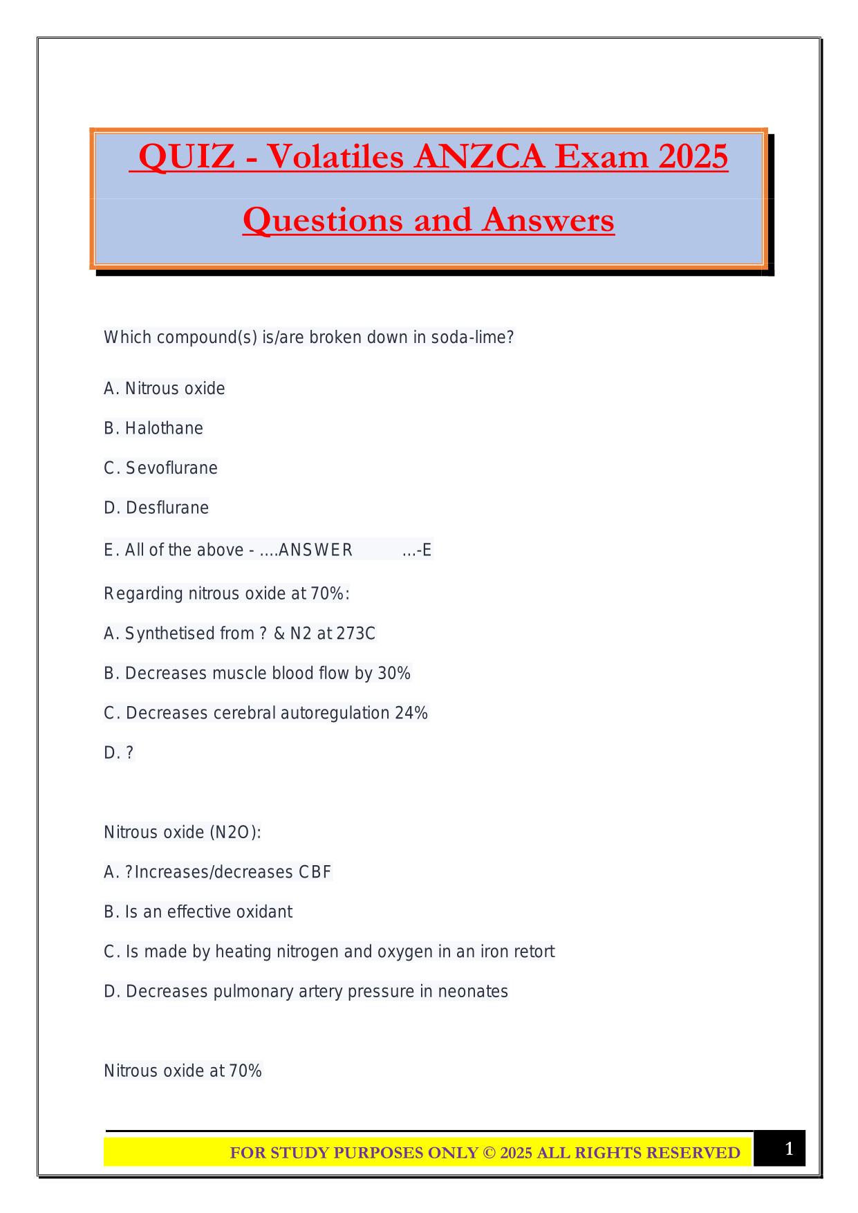 QUIZ - Volatiles ANZCA Exam 2025 Questions and Answers