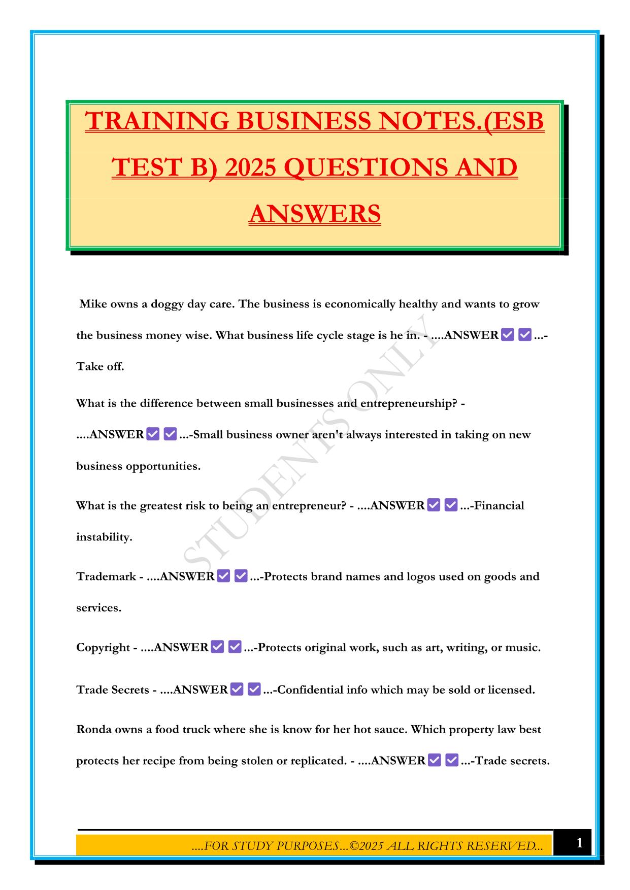 TRAINING BUSINESS NOTES.(ESB TEST B) 2025 QUESTIONS AND ANSWERS