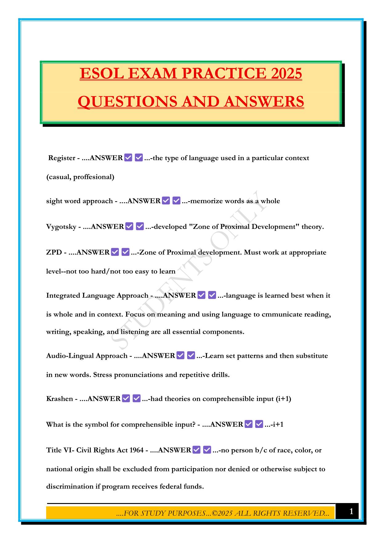 ESOL EXAM PRACTICE 2025 QUESTIONS AND ANSWERS