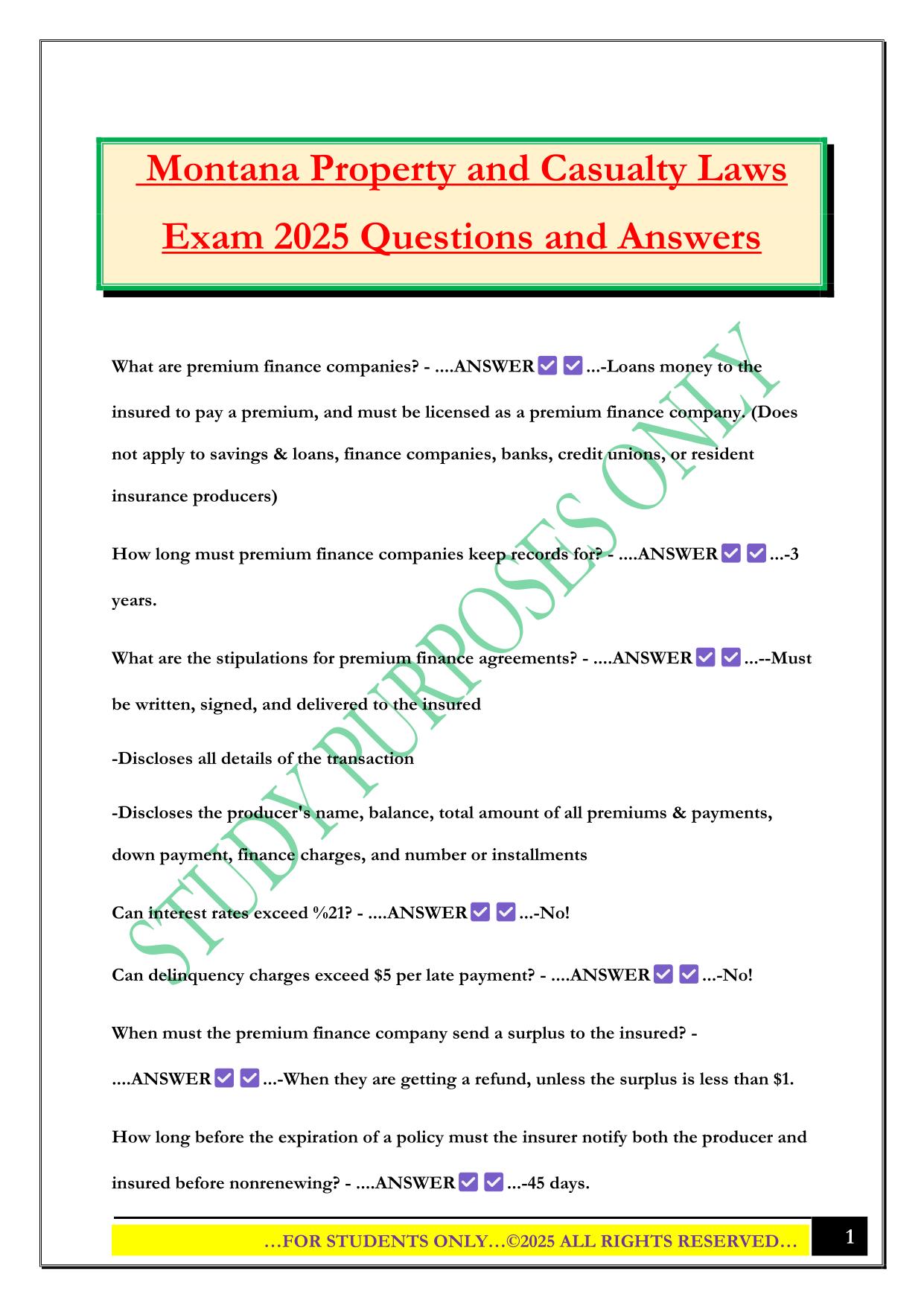 Montana Property and Casualty Laws Exam 2025 Questions and Answers