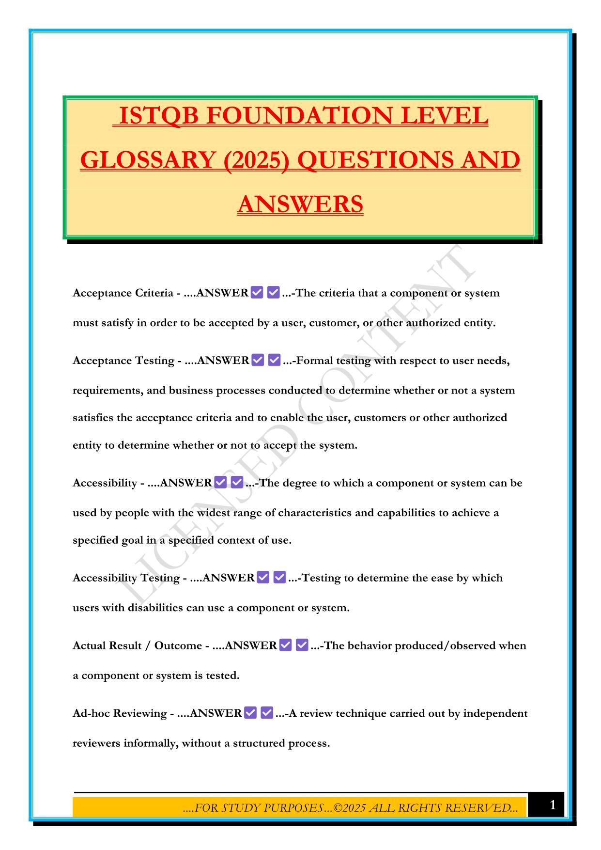 ISTQB FOUNDATION LEVEL GLOSSARY (2025) QUESTIONS AND ANSWERS