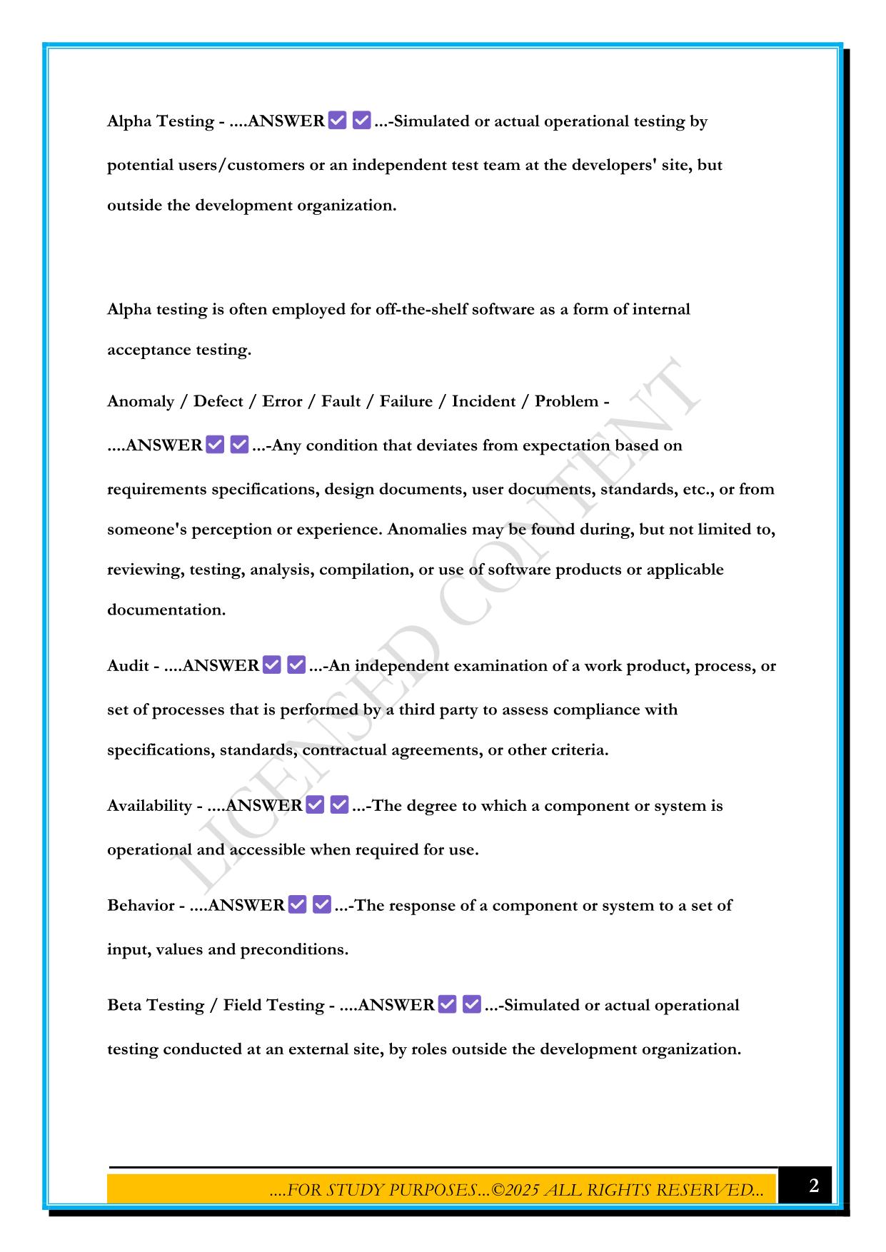 ISTQB FOUNDATION LEVEL GLOSSARY (2025) QUESTIONS AND ANSWERS