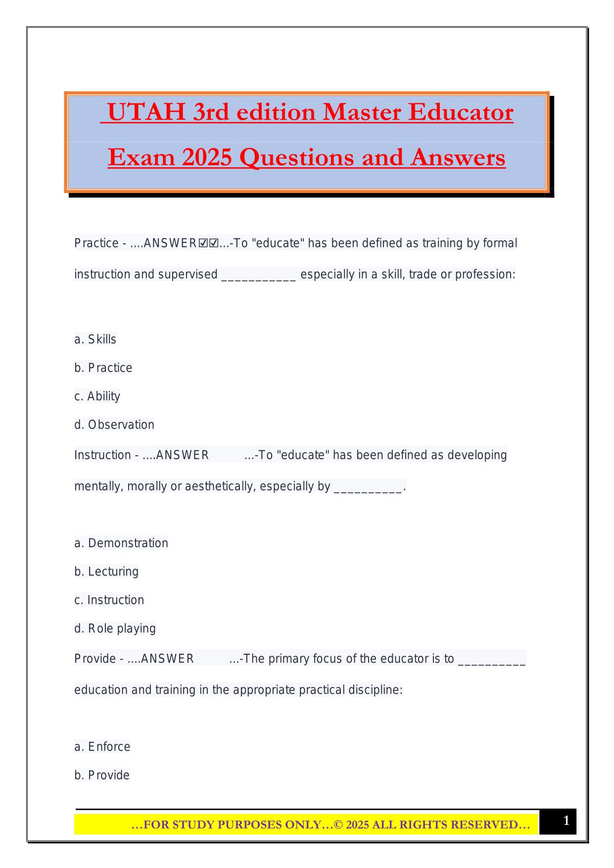 UTAH 3rd edition Master Educator Exam 2025 Questions and Answers