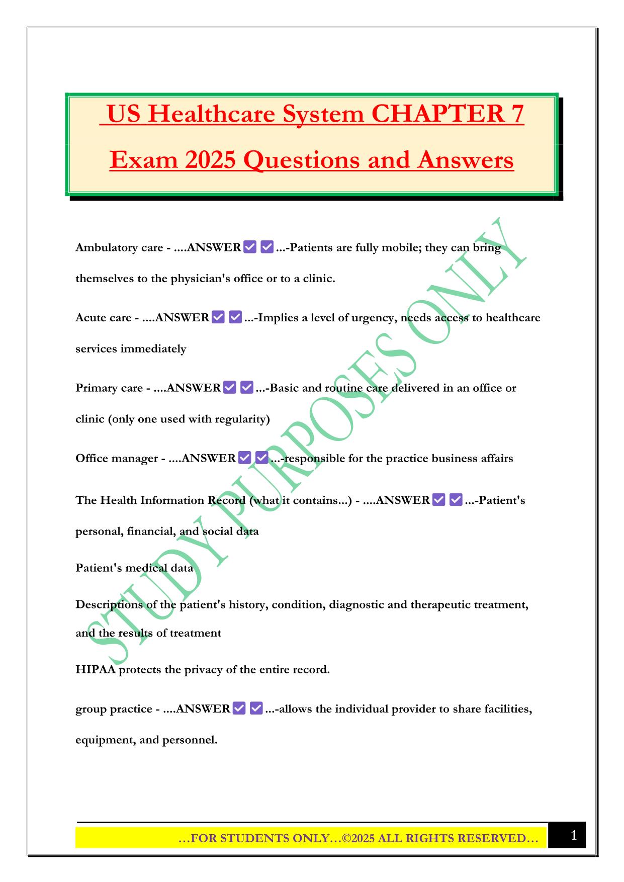 US Healthcare System CHAPTER 7 Exam 2025 Questions and Answers
