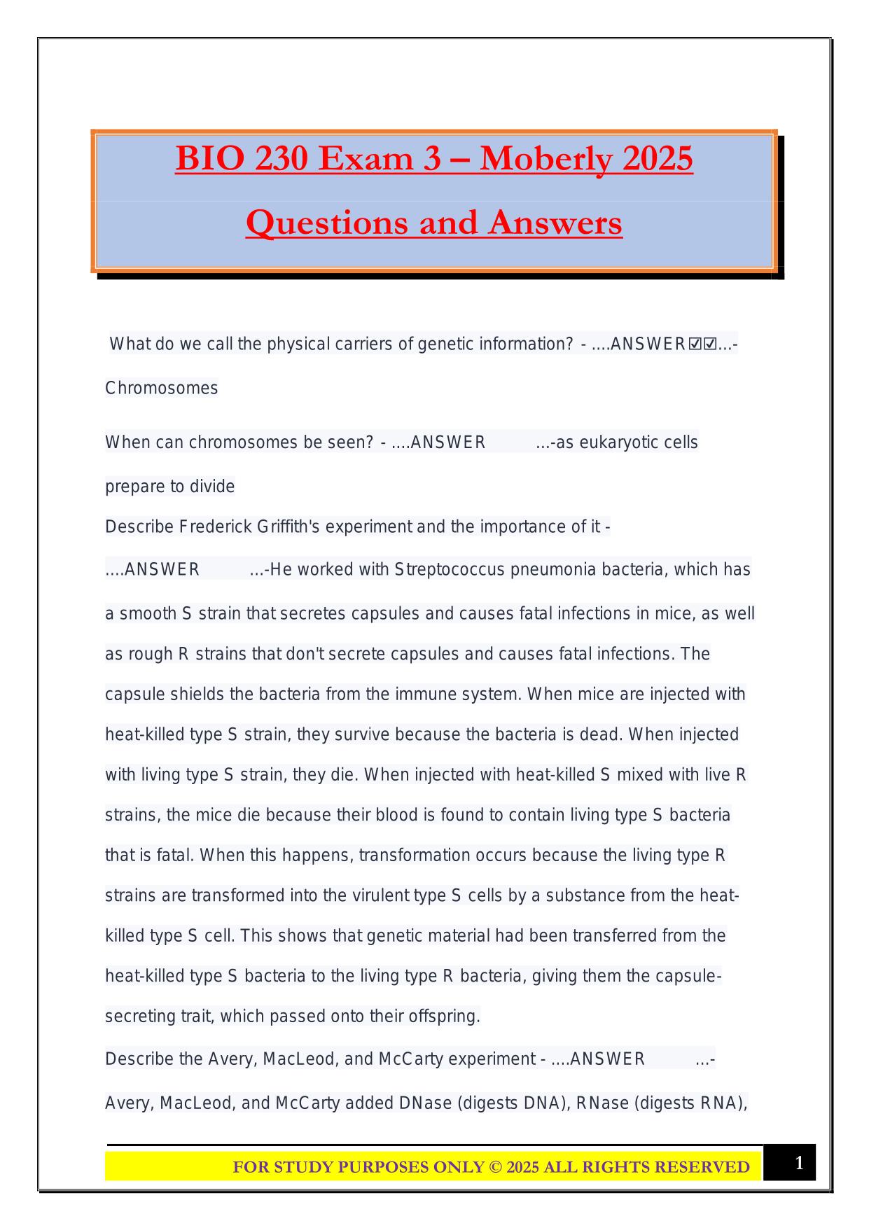 BIO 230 Exam 3 – Moberly 2025 Questions and Answers