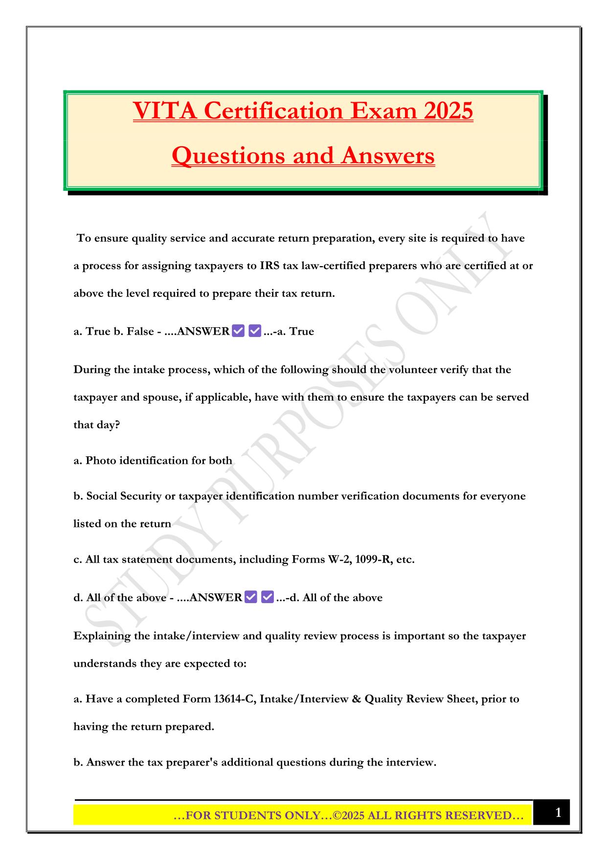 VITA Certification Exam 2025 Questions and Answers